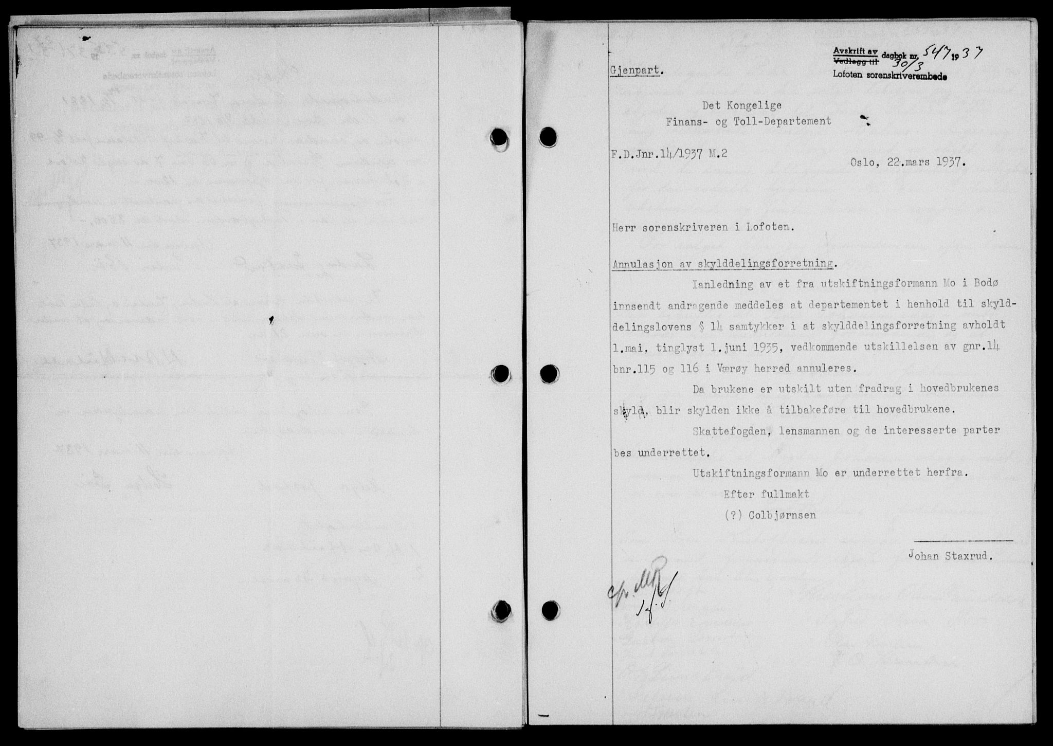 Lofoten sorenskriveri, SAT/A-0017/1/2/2C/L0002a: Mortgage book no. 2a, 1937-1937, Diary no: : 547/1937