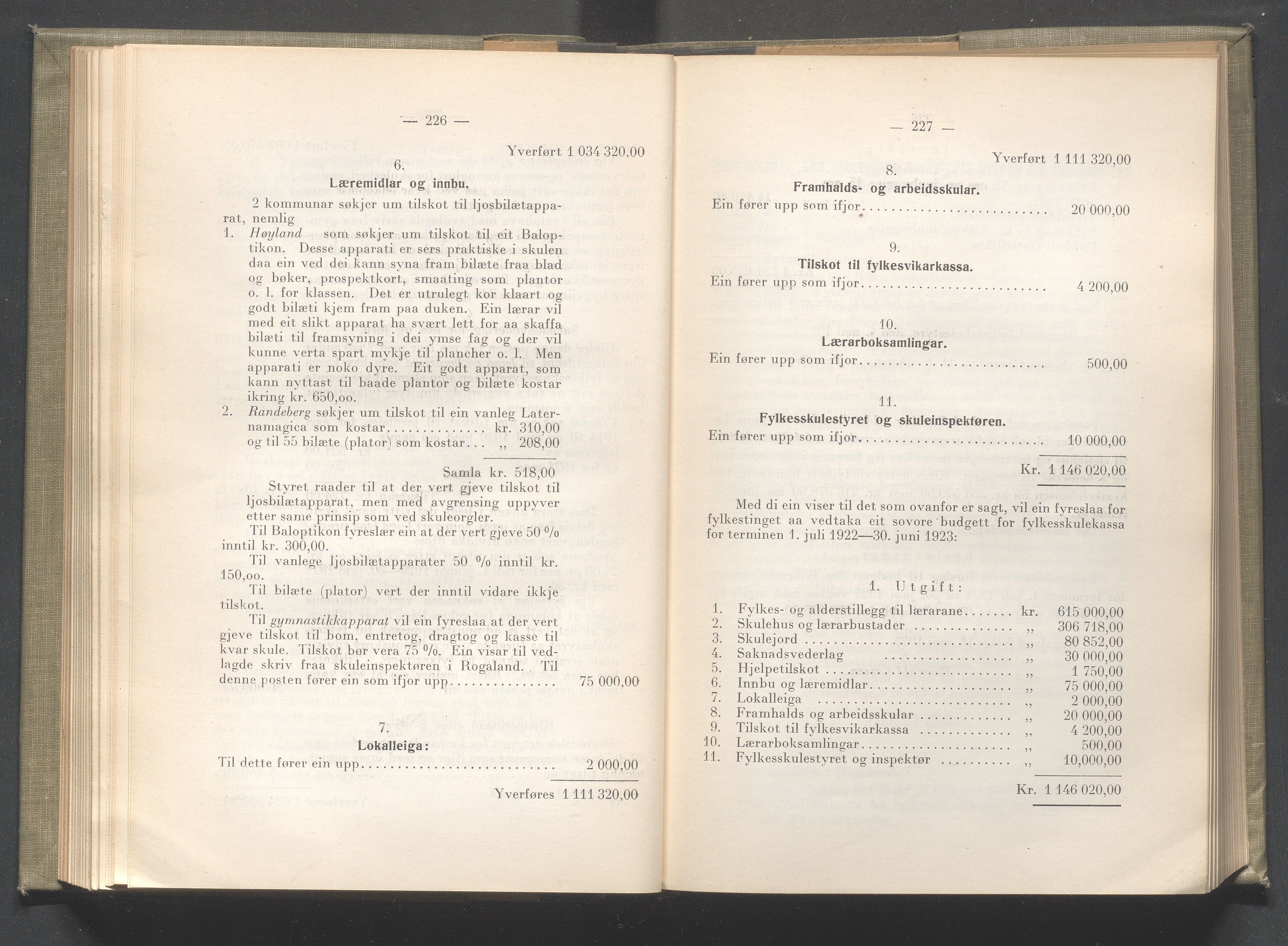 Rogaland fylkeskommune - Fylkesrådmannen , IKAR/A-900/A/Aa/Aaa/L0041: Møtebok , 1922, p. 226-227