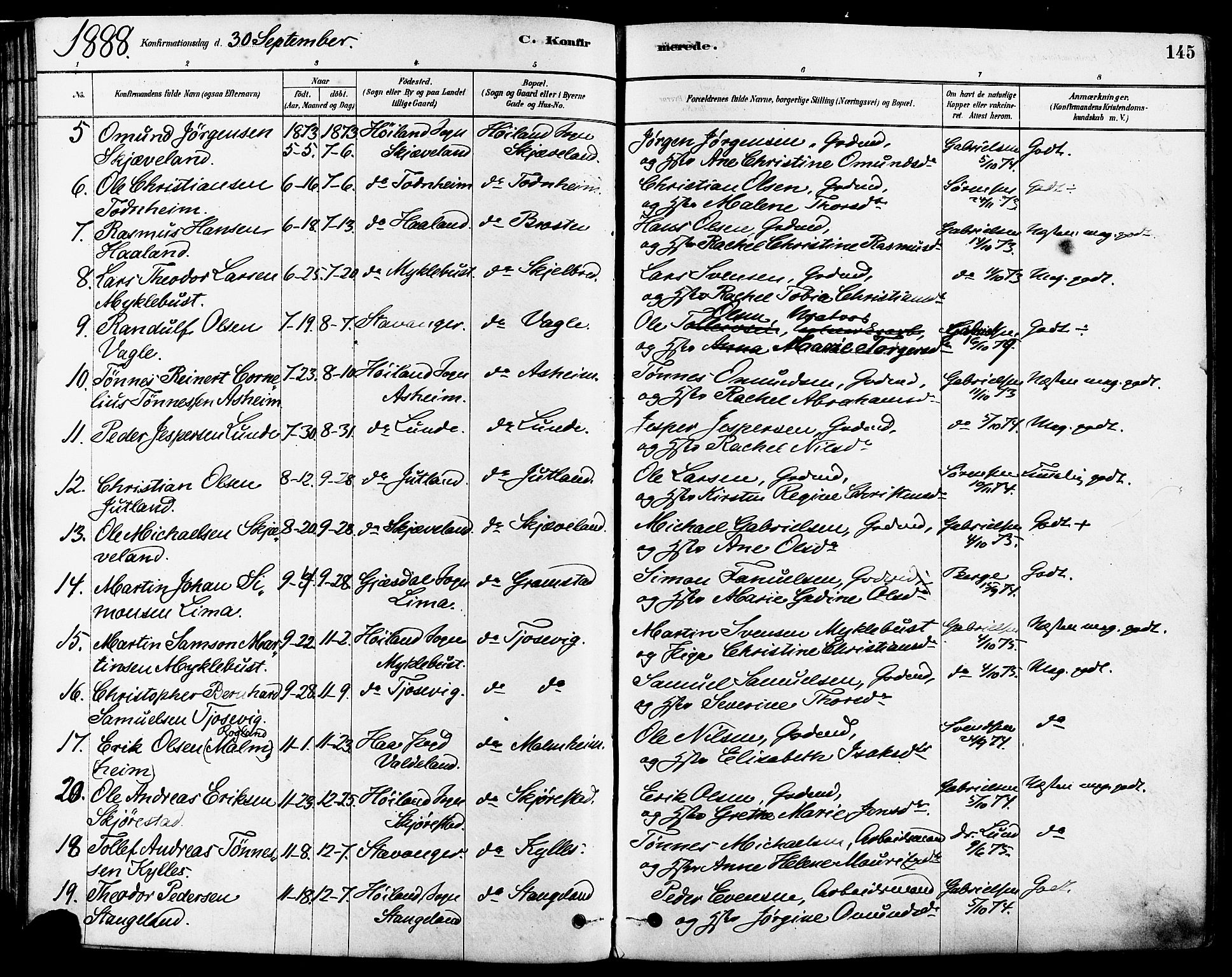 Høyland sokneprestkontor, SAST/A-101799/001/30BA/L0011: Parish register (official) no. A 10, 1878-1888, p. 145