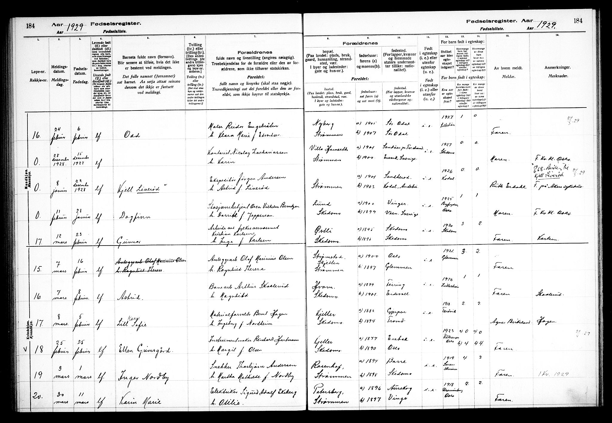 Skedsmo prestekontor Kirkebøker, AV/SAO-A-10033a/J/Ja/L0001: Birth register no. I 1, 1916-1931, p. 184