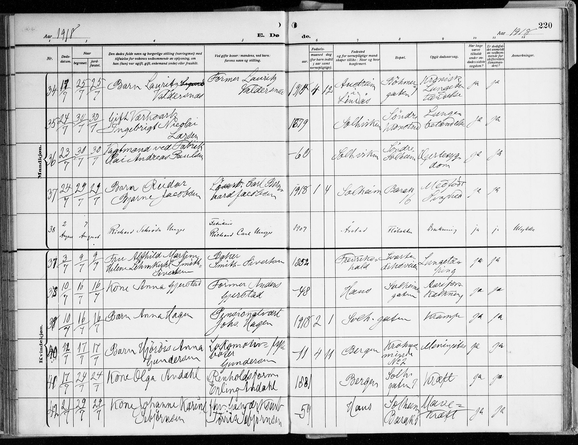 Årstad Sokneprestembete, AV/SAB-A-79301/H/Haa/L0003: Parish register (official) no. A 3, 1914-1919, p. 220