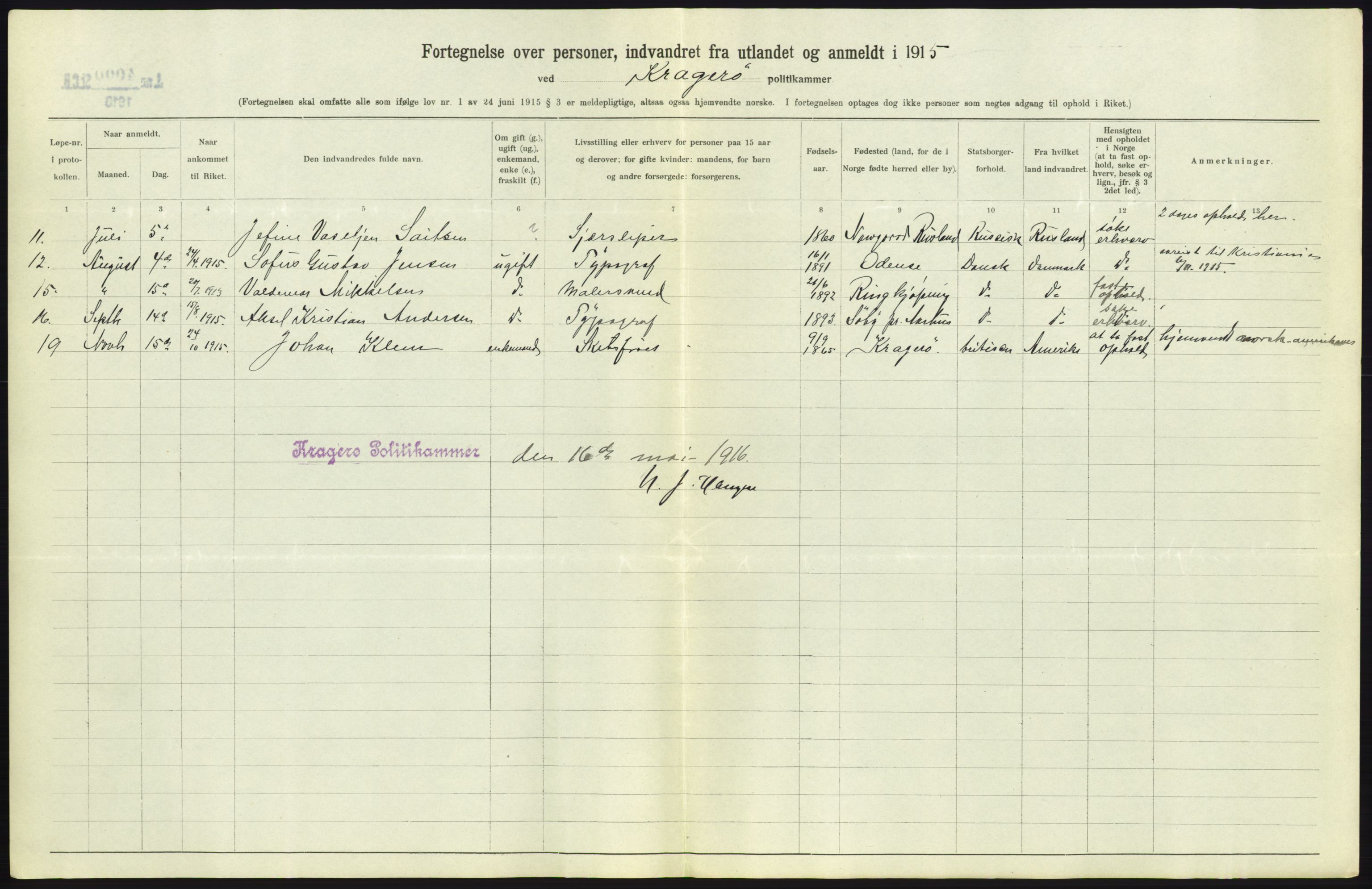 Statistisk sentralbyrå, Sosioøkonomiske emner, Folketellinger, boliger og boforhold, AV/RA-S-2231/F/Fa/L0001: Innvandring. Navn/fylkesvis, 1915, p. 167