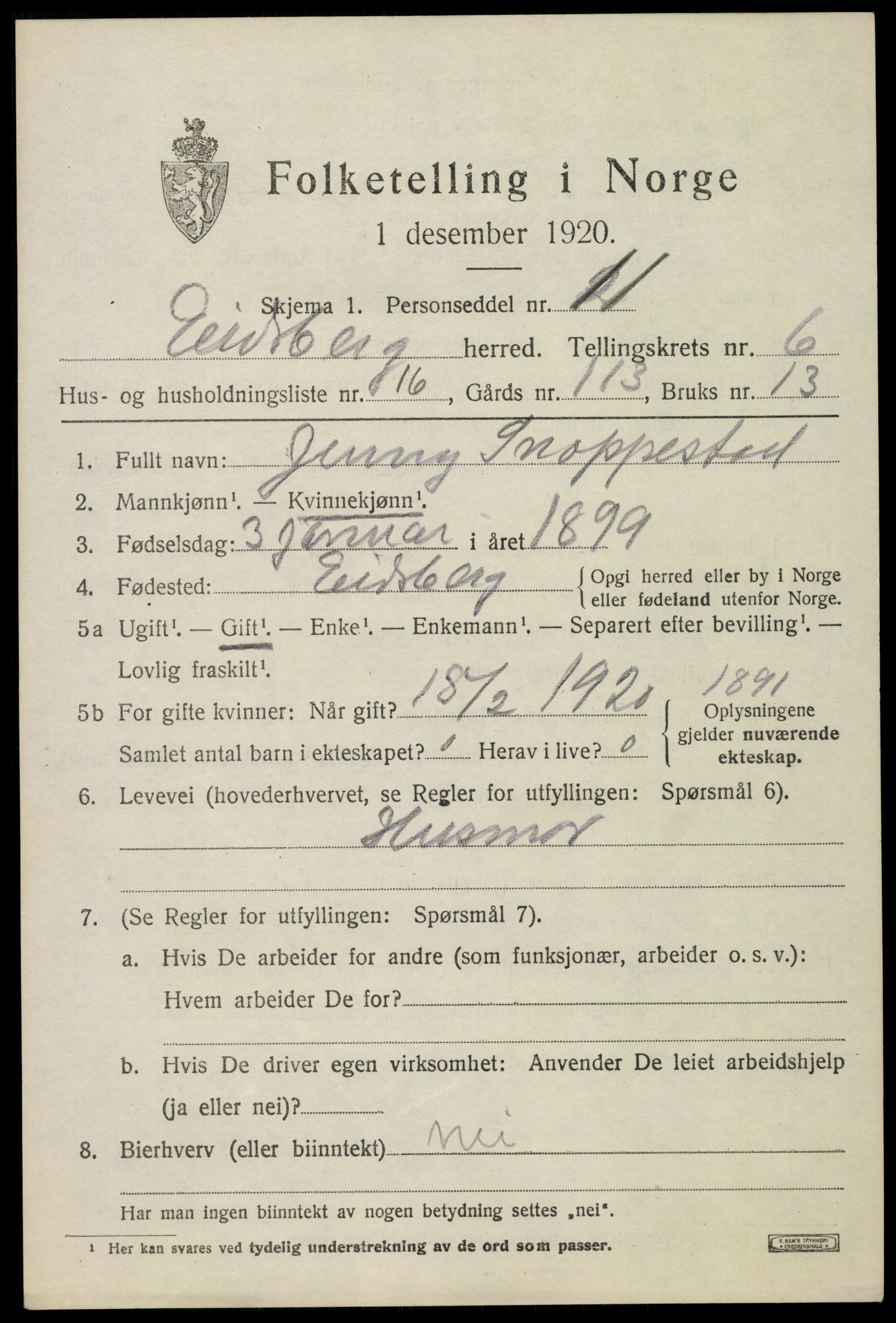 SAO, 1920 census for Eidsberg, 1920, p. 7637