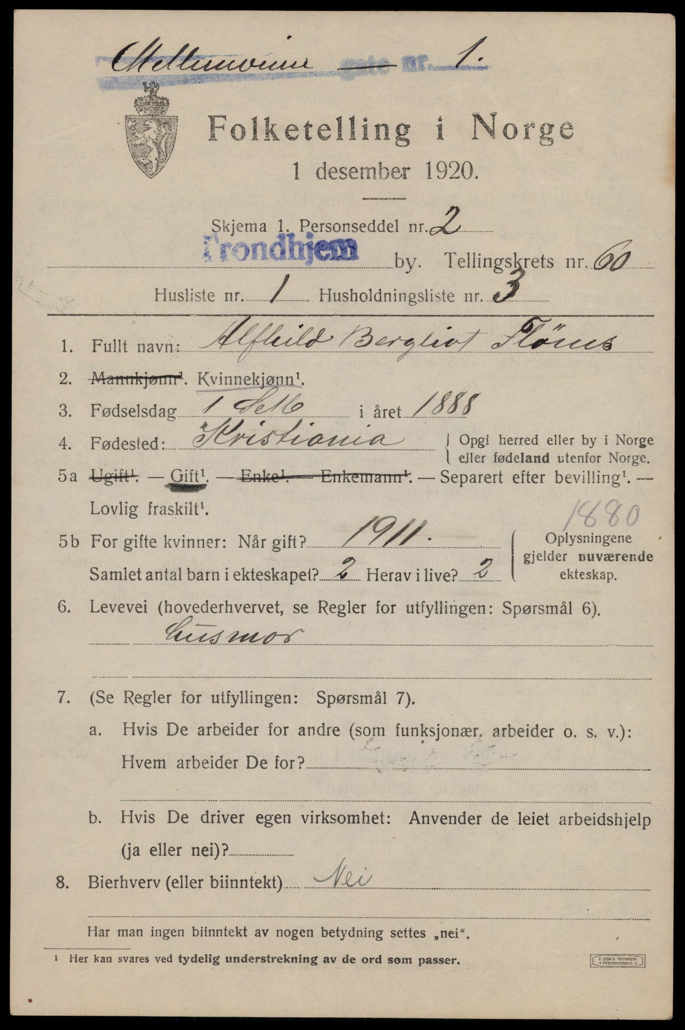 SAT, 1920 census for Trondheim, 1920, p. 120852
