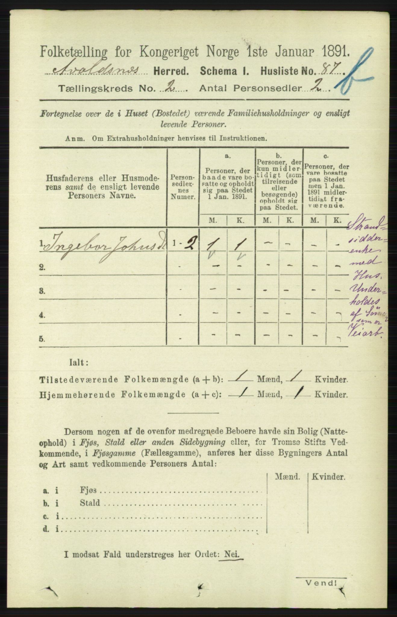 RA, 1891 census for 1147 Avaldsnes, 1891, p. 1976