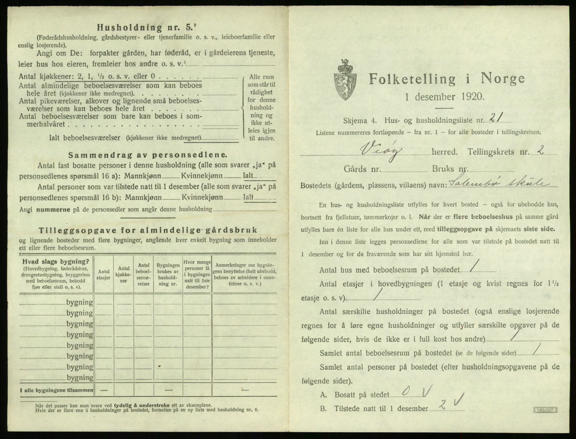 SAT, 1920 census for Veøy, 1920, p. 169