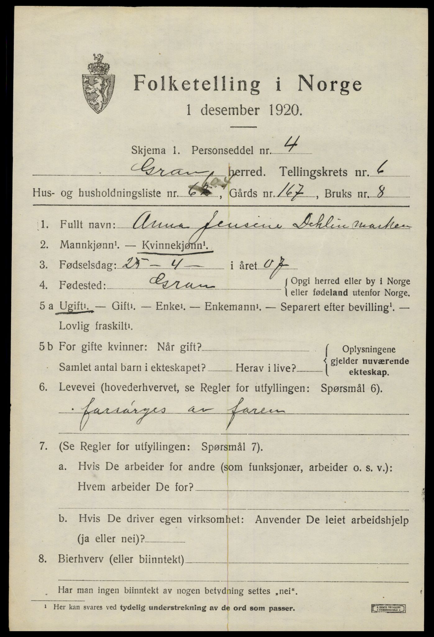 SAH, 1920 census for Gran, 1920, p. 9451