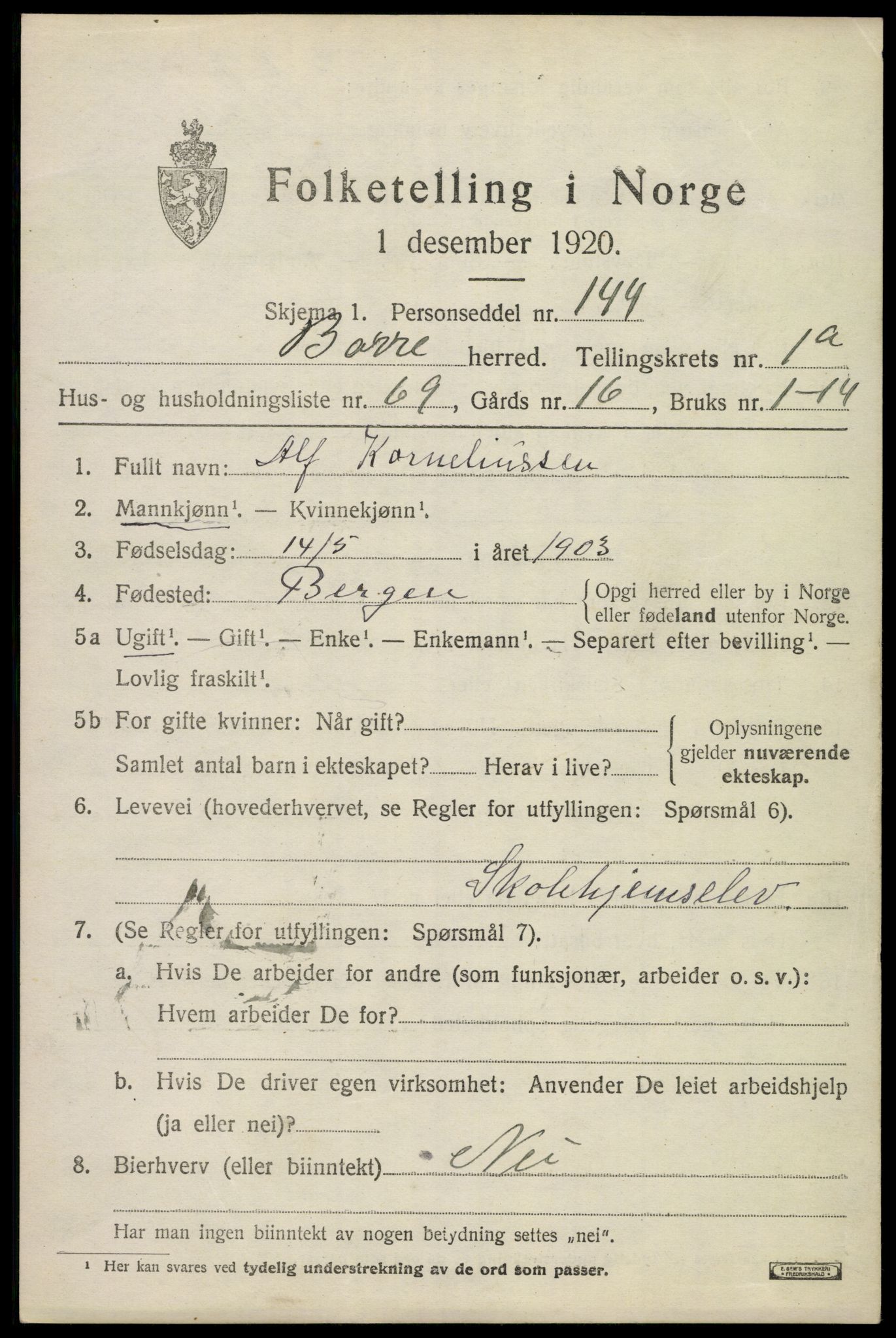 SAKO, 1920 census for Borre, 1920, p. 2618