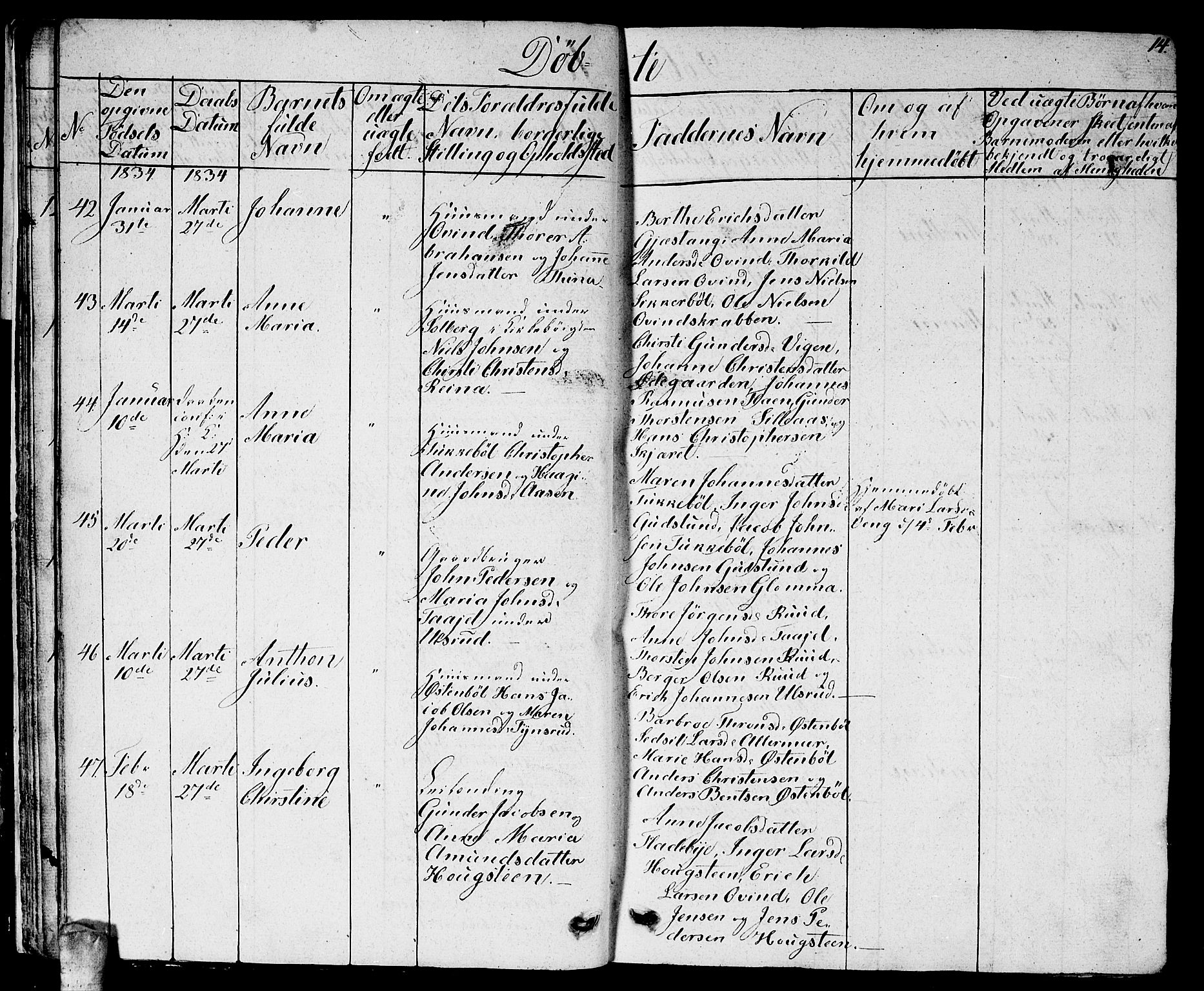 Enebakk prestekontor Kirkebøker, AV/SAO-A-10171c/G/Ga/L0003: Parish register (copy) no. I 3, 1833-1849, p. 14
