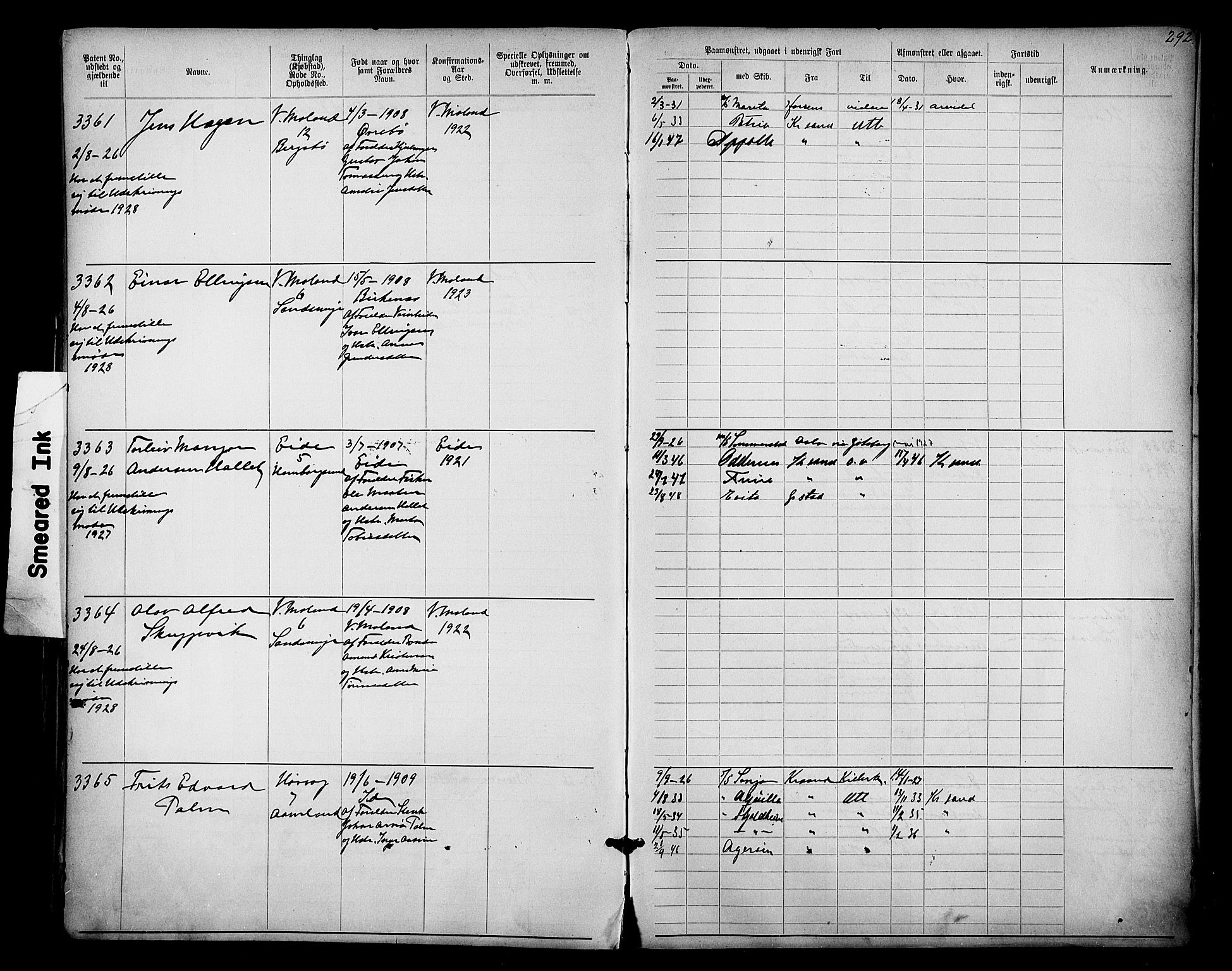 Lillesand mønstringskrets, AV/SAK-2031-0014/F/Fa/L0003: Annotasjonsrulle nr 1911-3489 med register, W-9, 1891-1932, p. 332