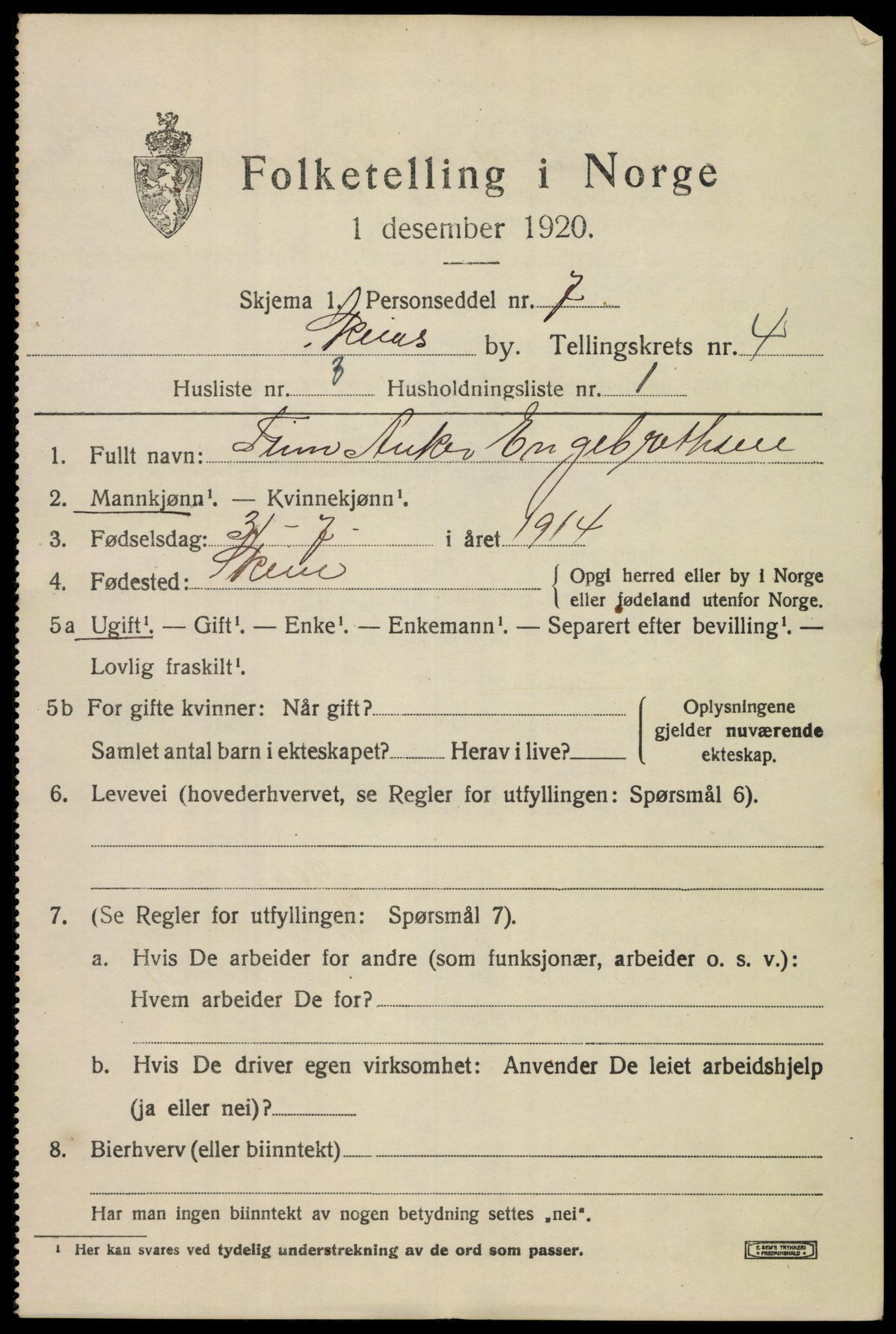 SAKO, 1920 census for Skien, 1920, p. 16852