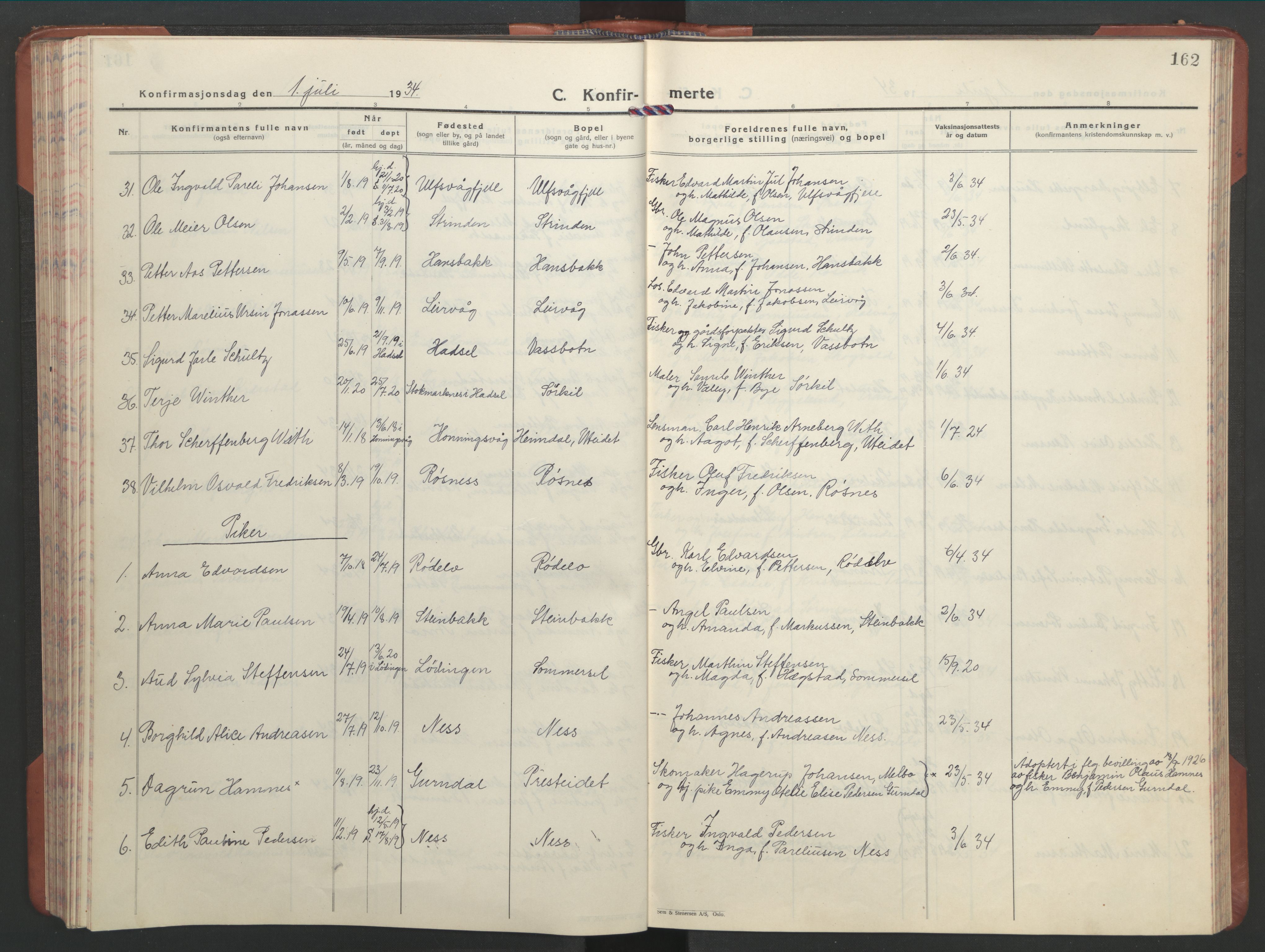 Ministerialprotokoller, klokkerbøker og fødselsregistre - Nordland, AV/SAT-A-1459/859/L0862: Parish register (copy) no. 859C08, 1925-1936, p. 162