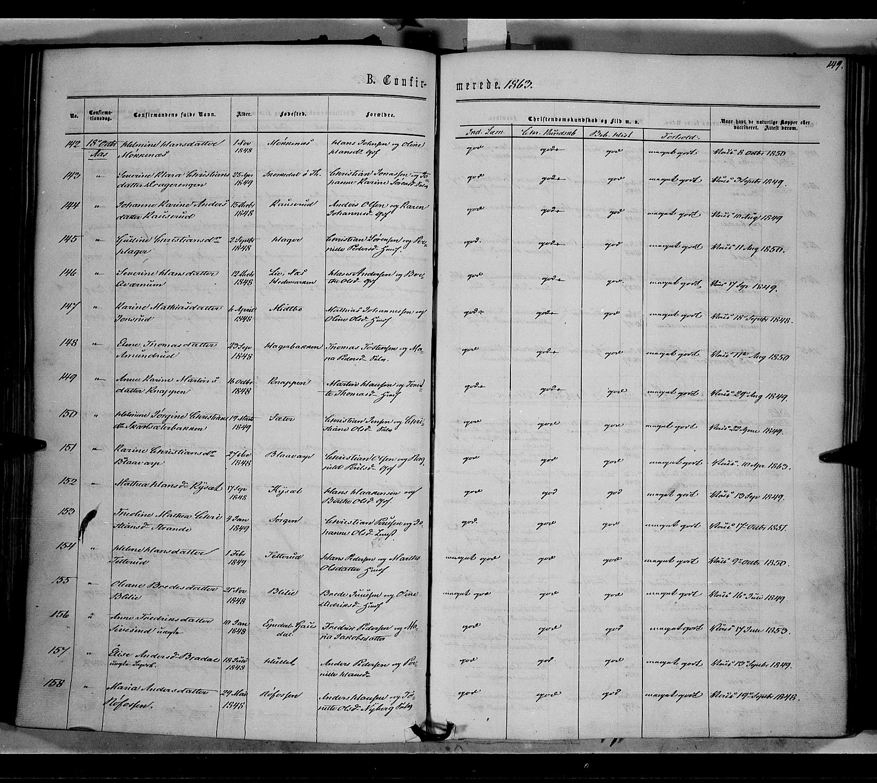 Vestre Toten prestekontor, SAH/PREST-108/H/Ha/Haa/L0007: Parish register (official) no. 7, 1862-1869, p. 149