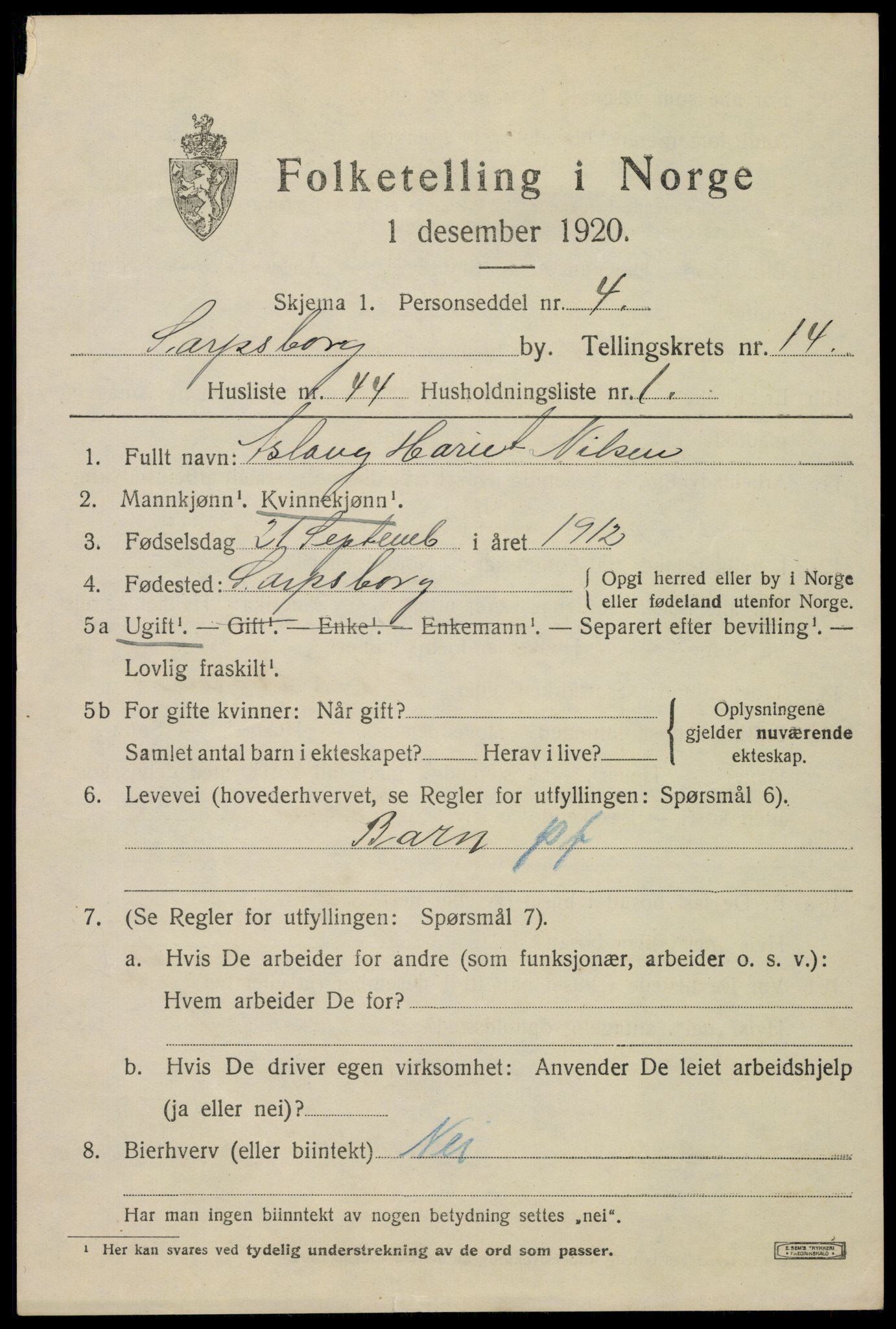 SAO, 1920 census for Sarpsborg, 1920, p. 29556