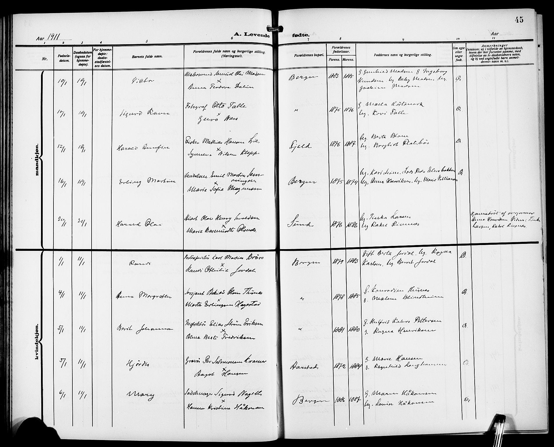 Fødselsstiftelsens sokneprestembete*, SAB/-: Parish register (copy) no. A 2, 1909-1916, p. 45