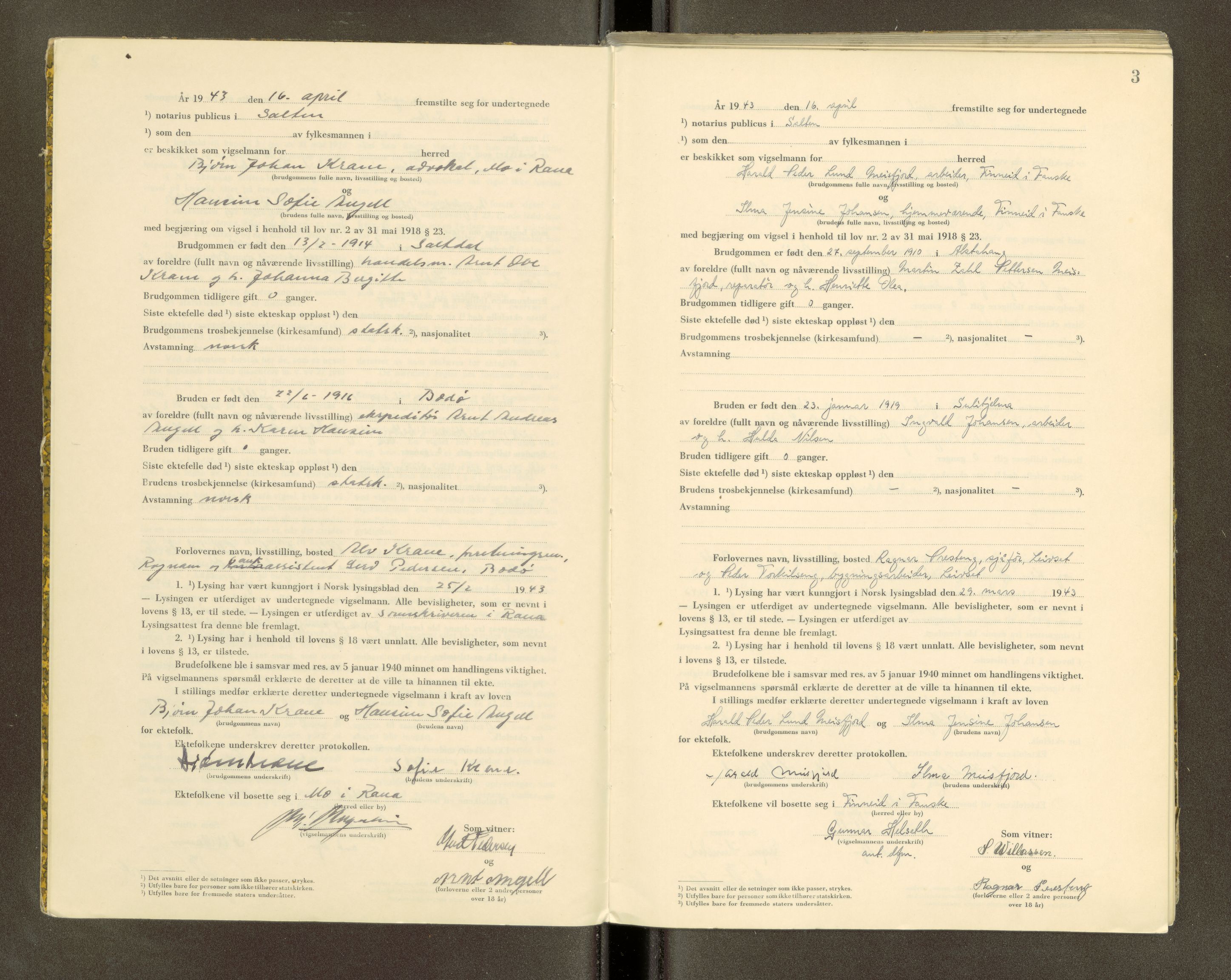 Salten sorenskriveri, AV/SAT-A-4578/1/6/6D/L0004: Vigselsbok, 1943, p. 3