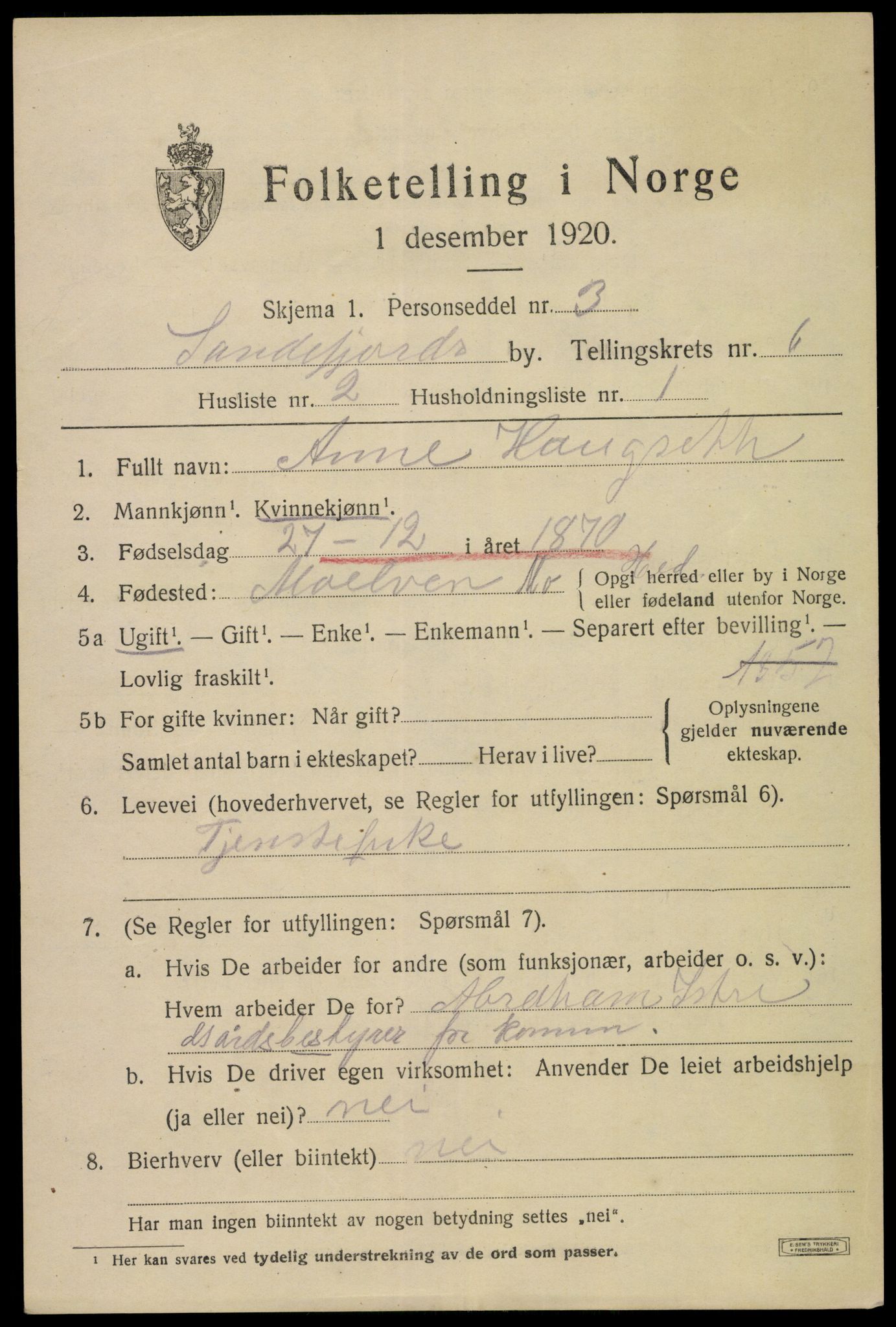 SAKO, 1920 census for Sandefjord, 1920, p. 9454