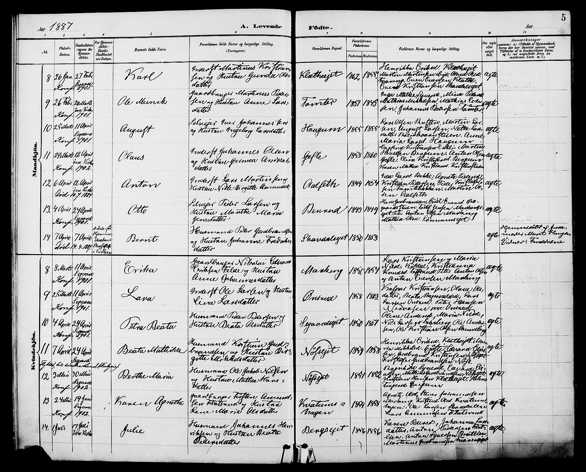 Biri prestekontor, SAH/PREST-096/H/Ha/Haa/L0007: Parish register (official) no. 7, 1887-1893, p. 5