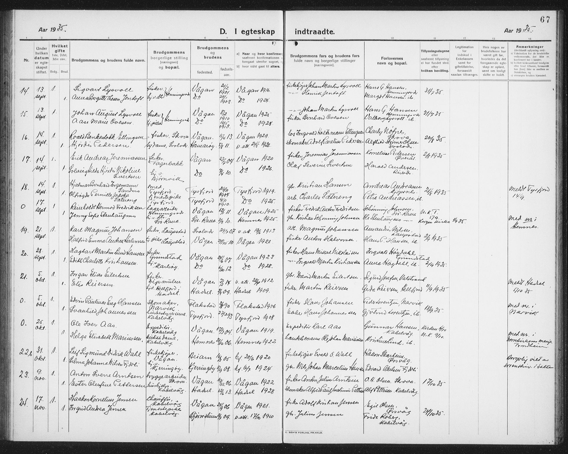 Ministerialprotokoller, klokkerbøker og fødselsregistre - Nordland, AV/SAT-A-1459/874/L1082: Parish register (copy) no. 874C11, 1920-1939, p. 67