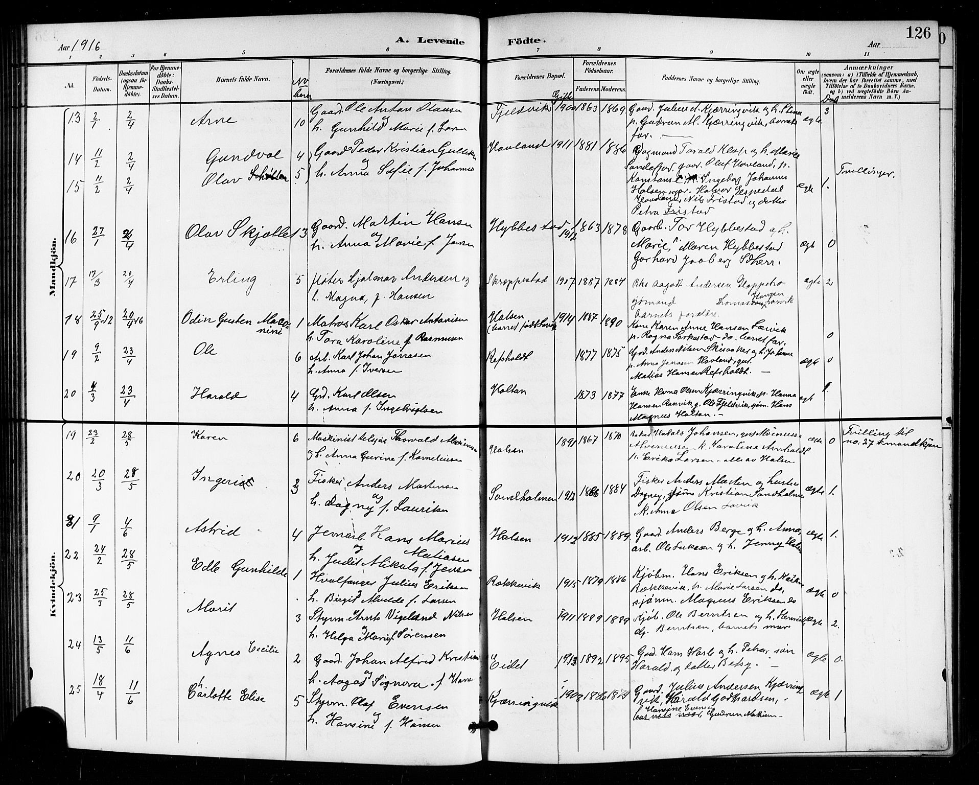 Tjølling kirkebøker, SAKO/A-60/G/Ga/L0002: Parish register (copy) no. 2, 1895-1918, p. 126