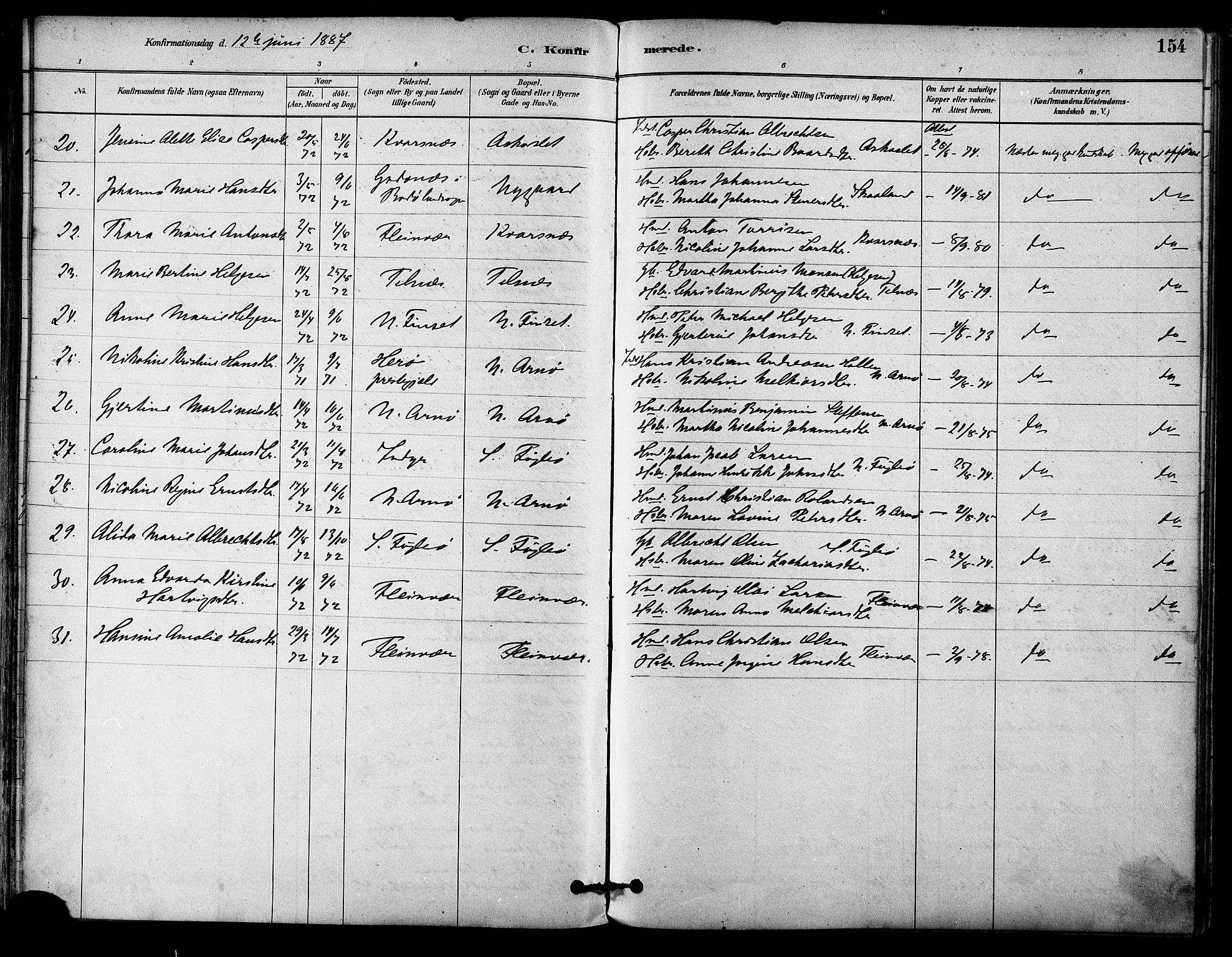 Ministerialprotokoller, klokkerbøker og fødselsregistre - Nordland, AV/SAT-A-1459/805/L0099: Parish register (official) no. 805A06, 1880-1891, p. 154