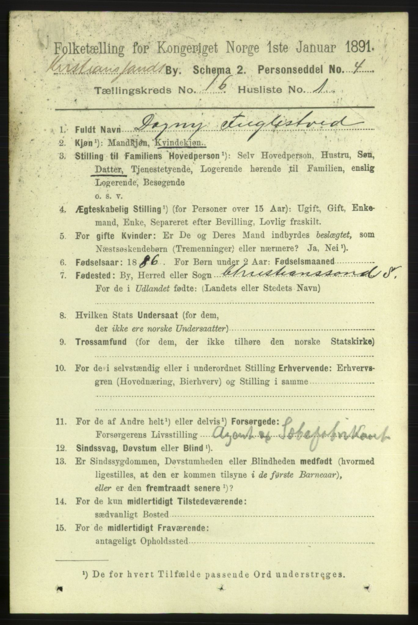 RA, 1891 census for 1001 Kristiansand, 1891, p. 6409