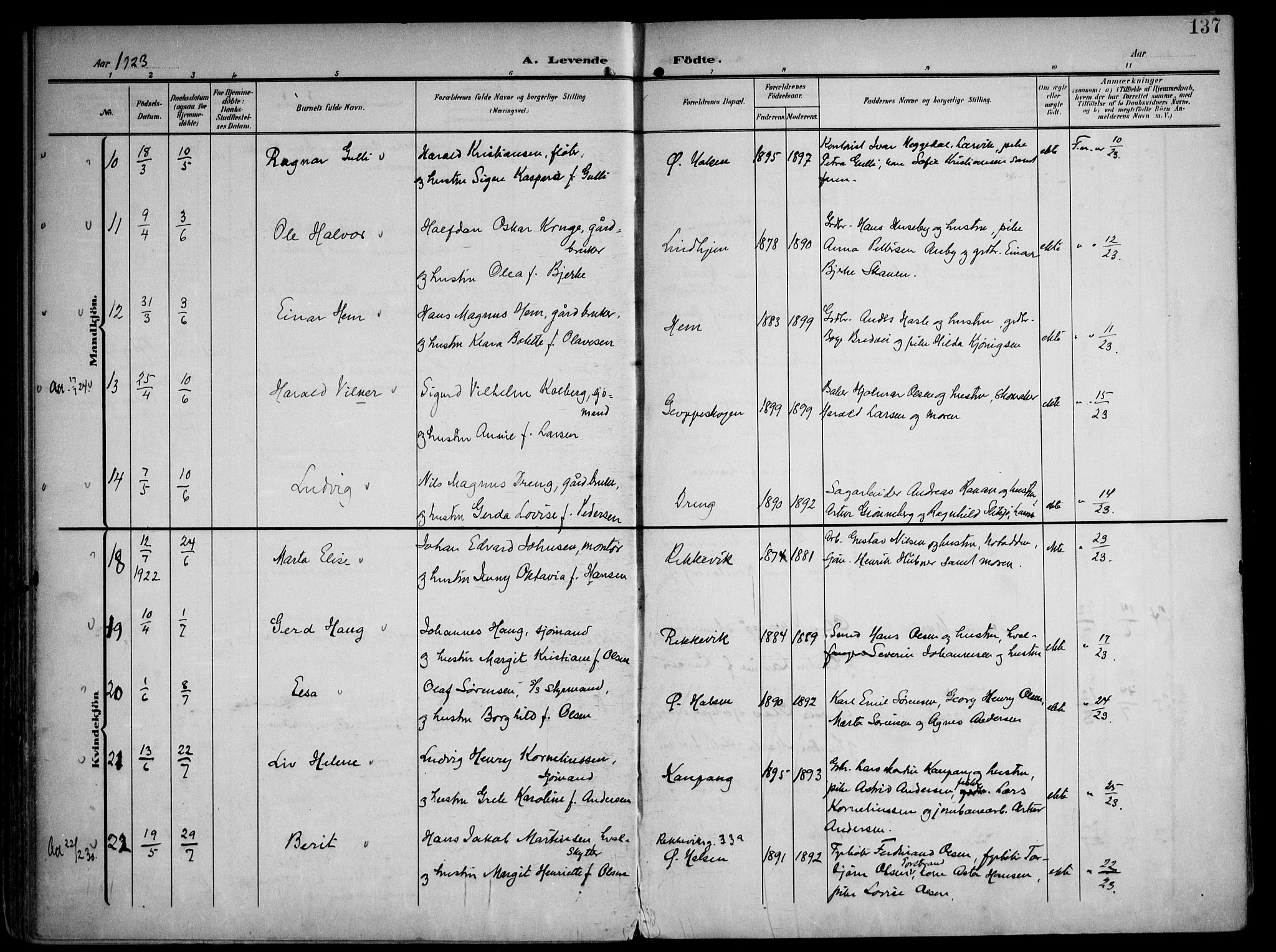 Tjølling kirkebøker, AV/SAKO-A-60/F/Fa/L0010: Parish register (official) no. 10, 1906-1923, p. 137