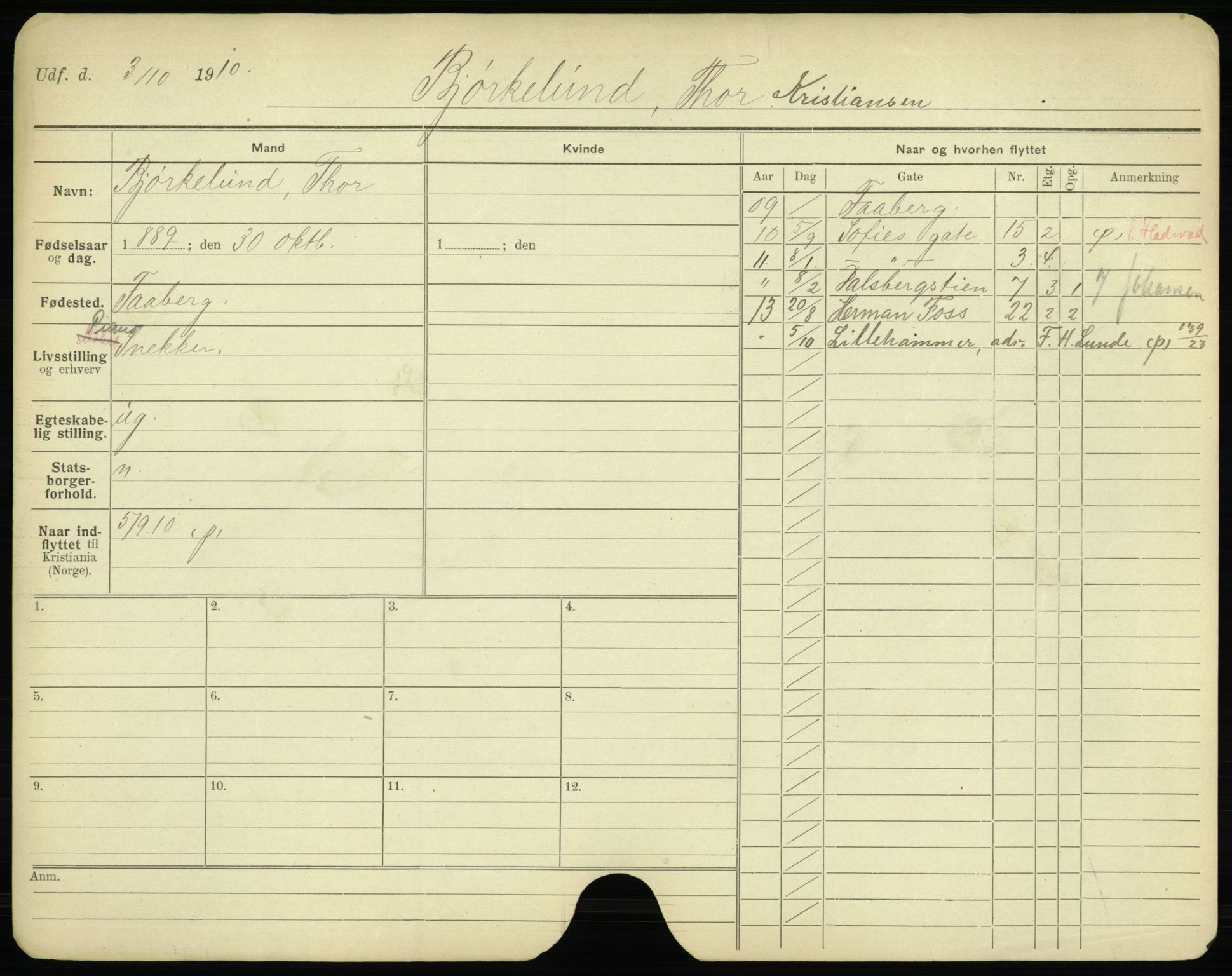 Oslo folkeregister, Registerkort, AV/SAO-A-11715/F/Fa/Fac/L0002: Menn, 1906-1914, p. 22a