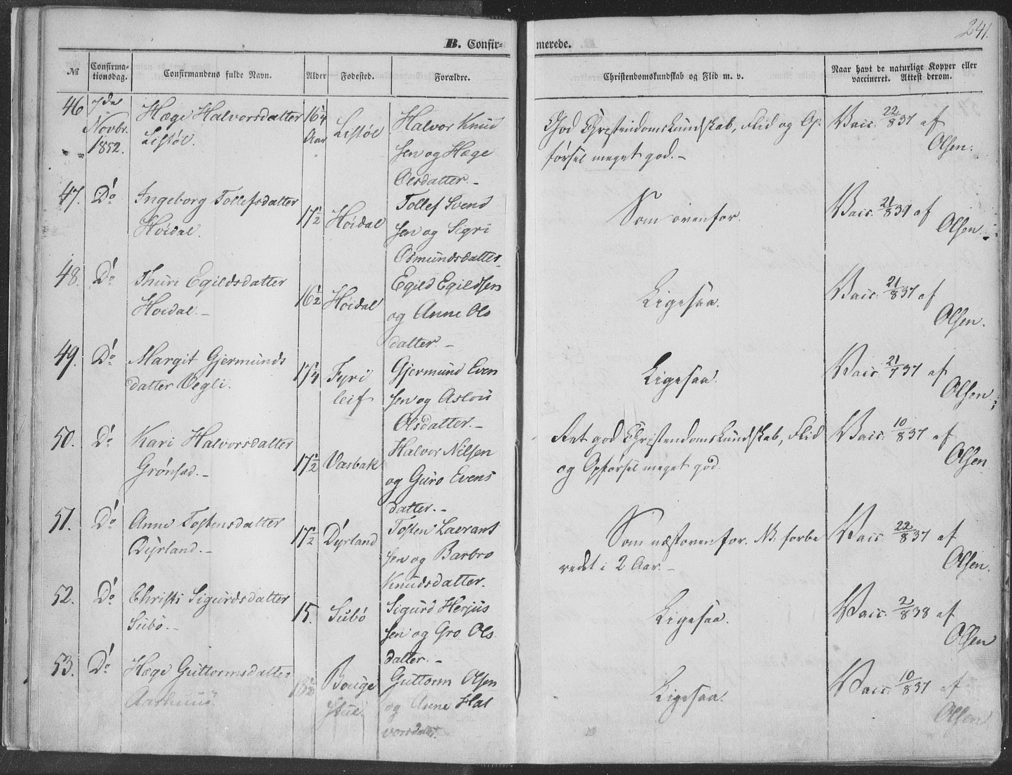 Seljord kirkebøker, SAKO/A-20/F/Fa/L012b: Parish register (official) no. I 12B, 1850-1865, p. 241