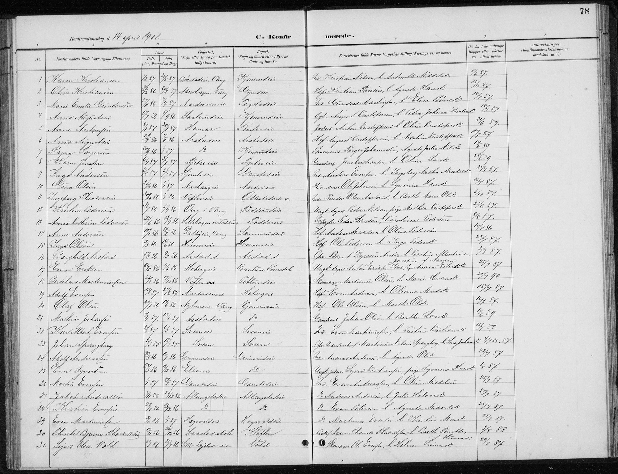 Stange prestekontor, SAH/PREST-002/L/L0010: Parish register (copy) no. 10, 1894-1905, p. 78