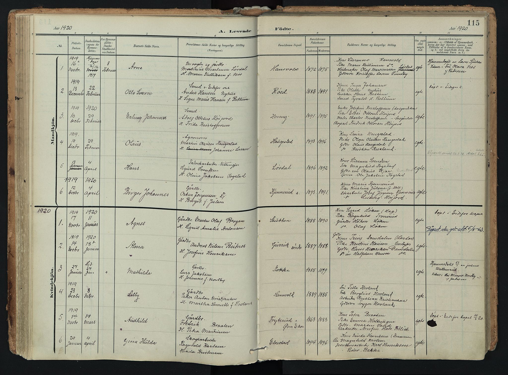 Hof kirkebøker, AV/SAKO-A-64/F/Fa/L0008: Parish register (official) no. I 8, 1902-1921, p. 115