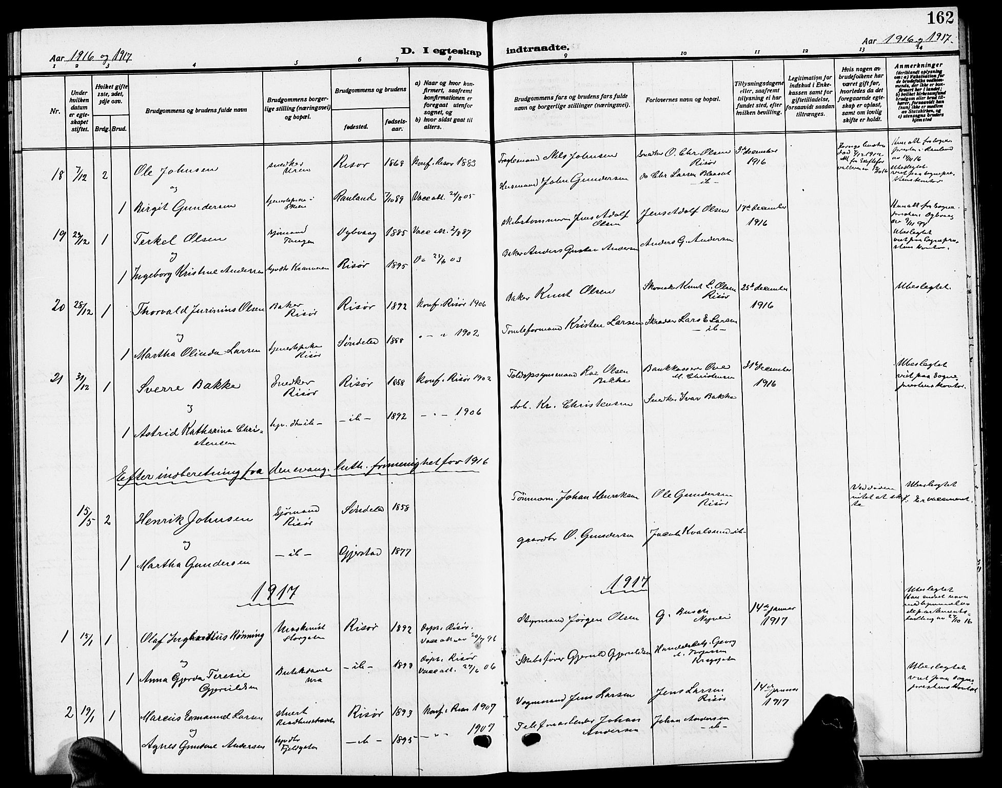 Risør sokneprestkontor, SAK/1111-0035/F/Fb/L0008: Parish register (copy) no. B 8, 1909-1921, p. 162