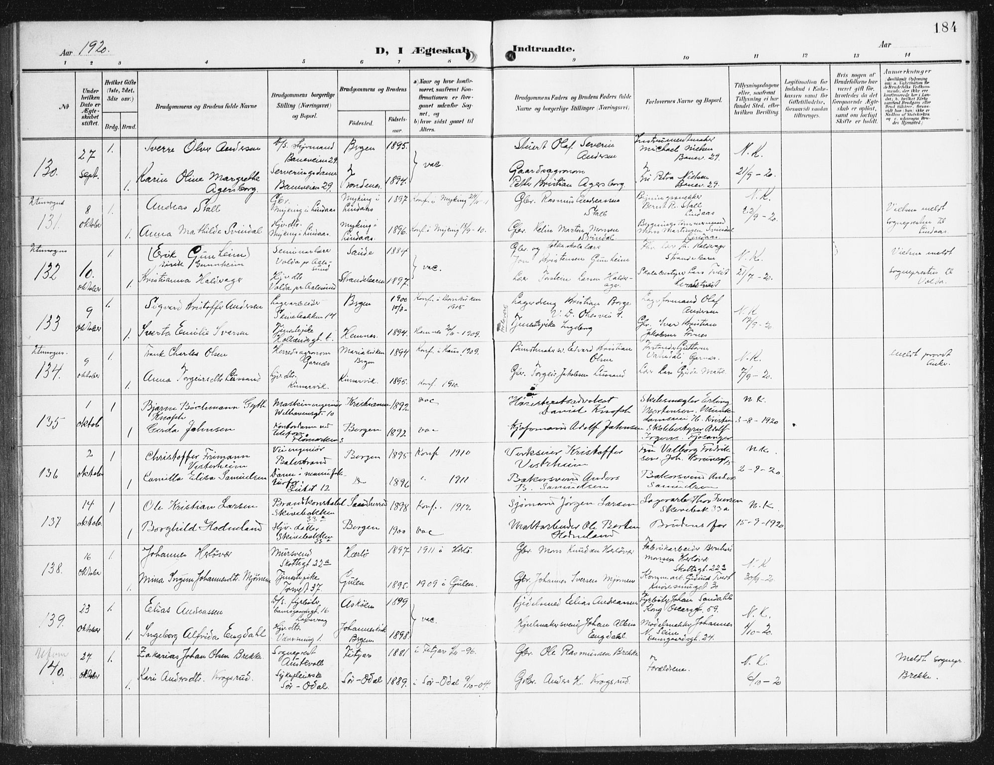 Domkirken sokneprestembete, SAB/A-74801/H/Haa/L0038: Parish register (official) no. D 5, 1906-1921, p. 184