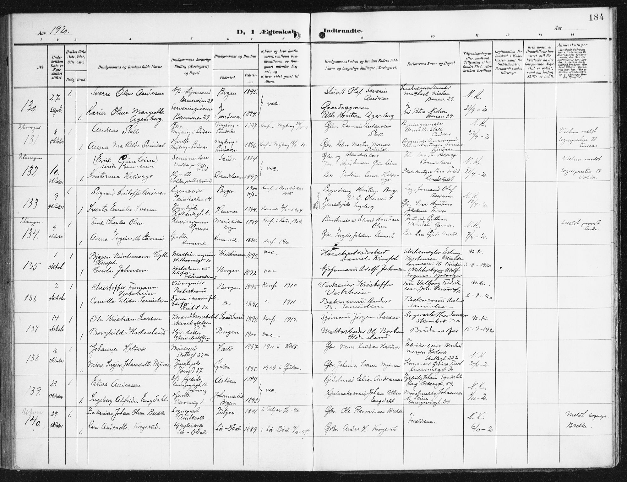 Domkirken sokneprestembete, AV/SAB-A-74801/H/Haa/L0038: Parish register (official) no. D 5, 1906-1921, p. 184