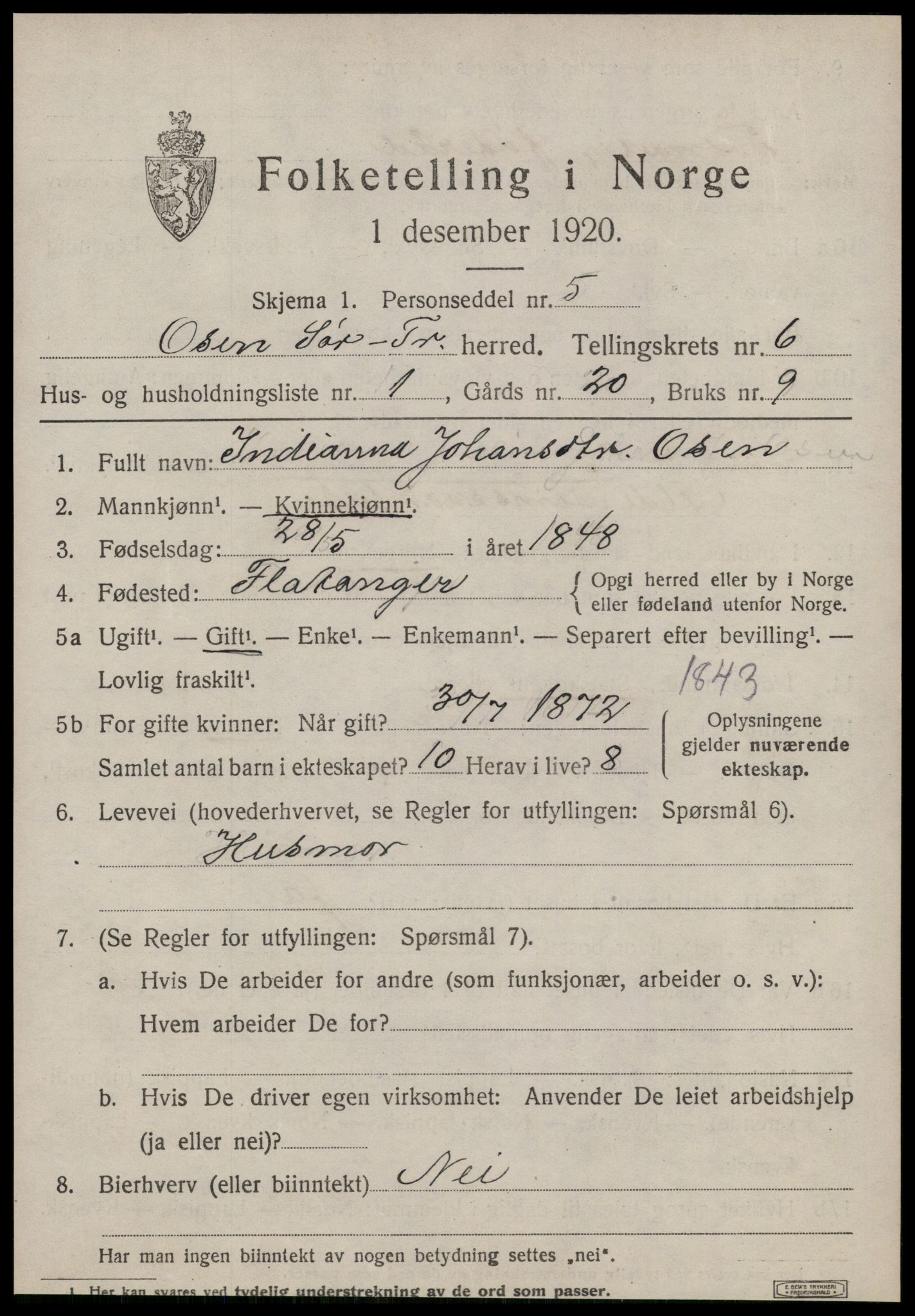 SAT, 1920 census for Osen, 1920, p. 2555