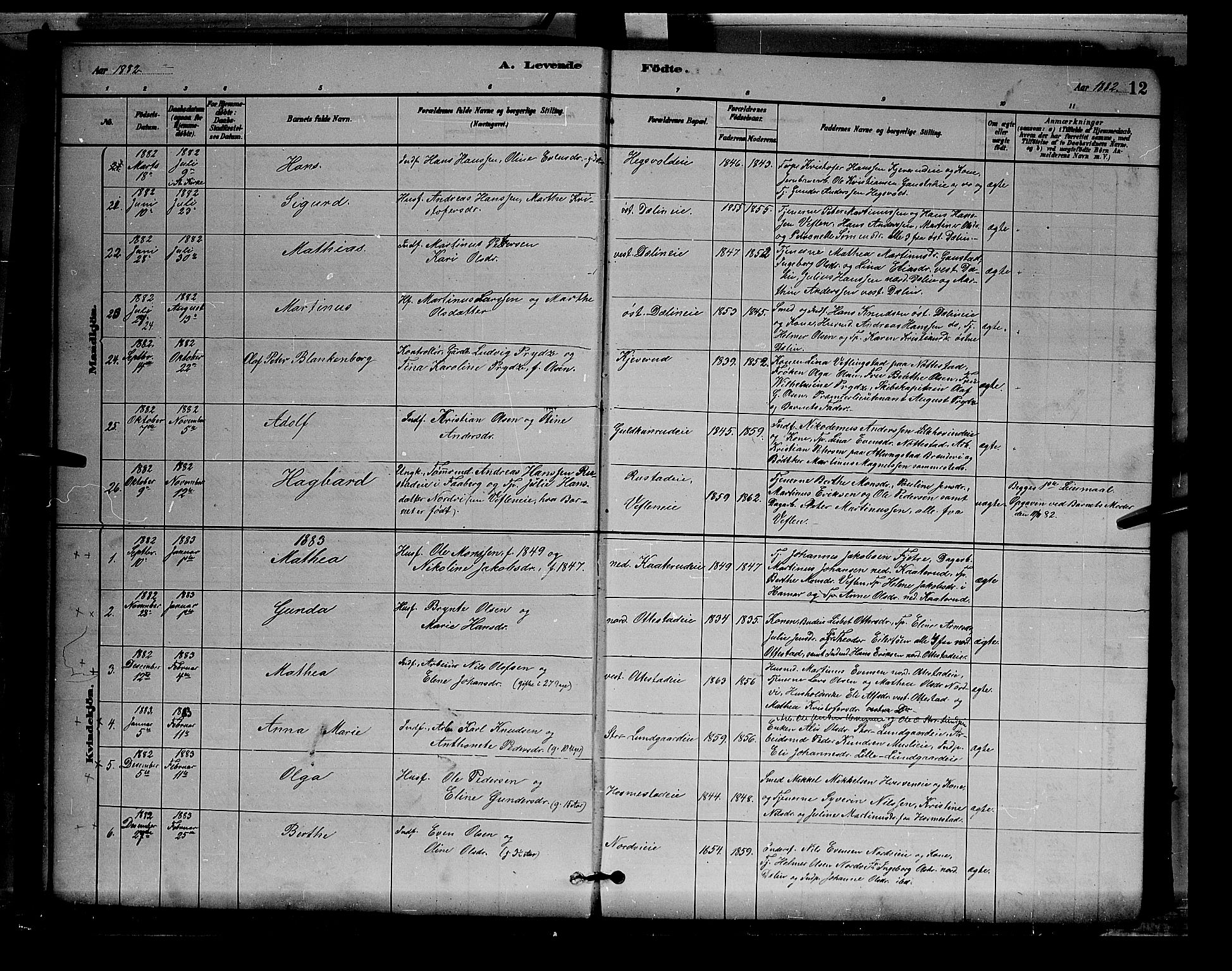 Stange prestekontor, SAH/PREST-002/L/L0007: Parish register (copy) no. 7, 1880-1893, p. 12