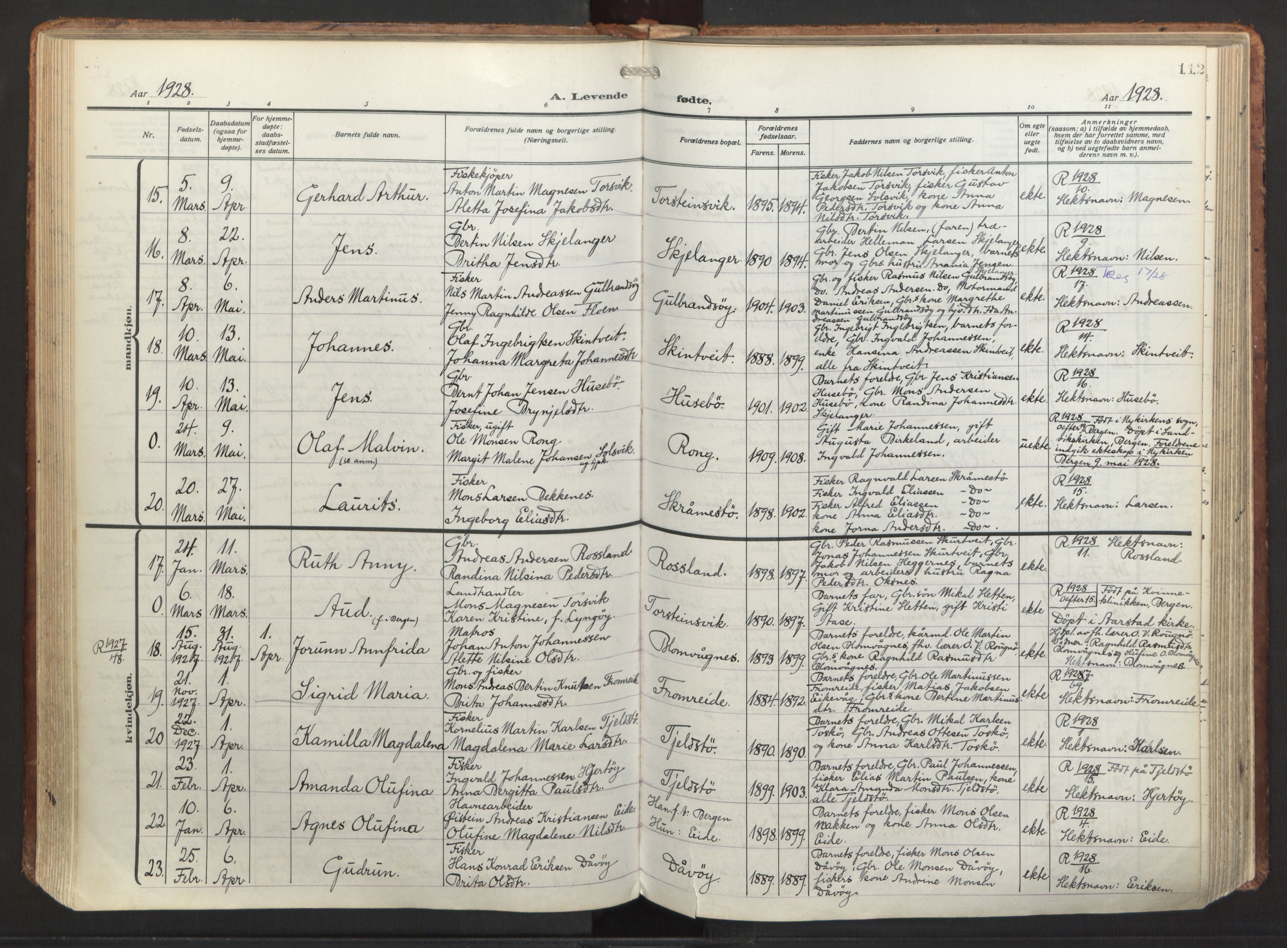 Herdla Sokneprestembete, SAB/A-75701/H/Haa: Parish register (official) no. A 6, 1918-1933, p. 112