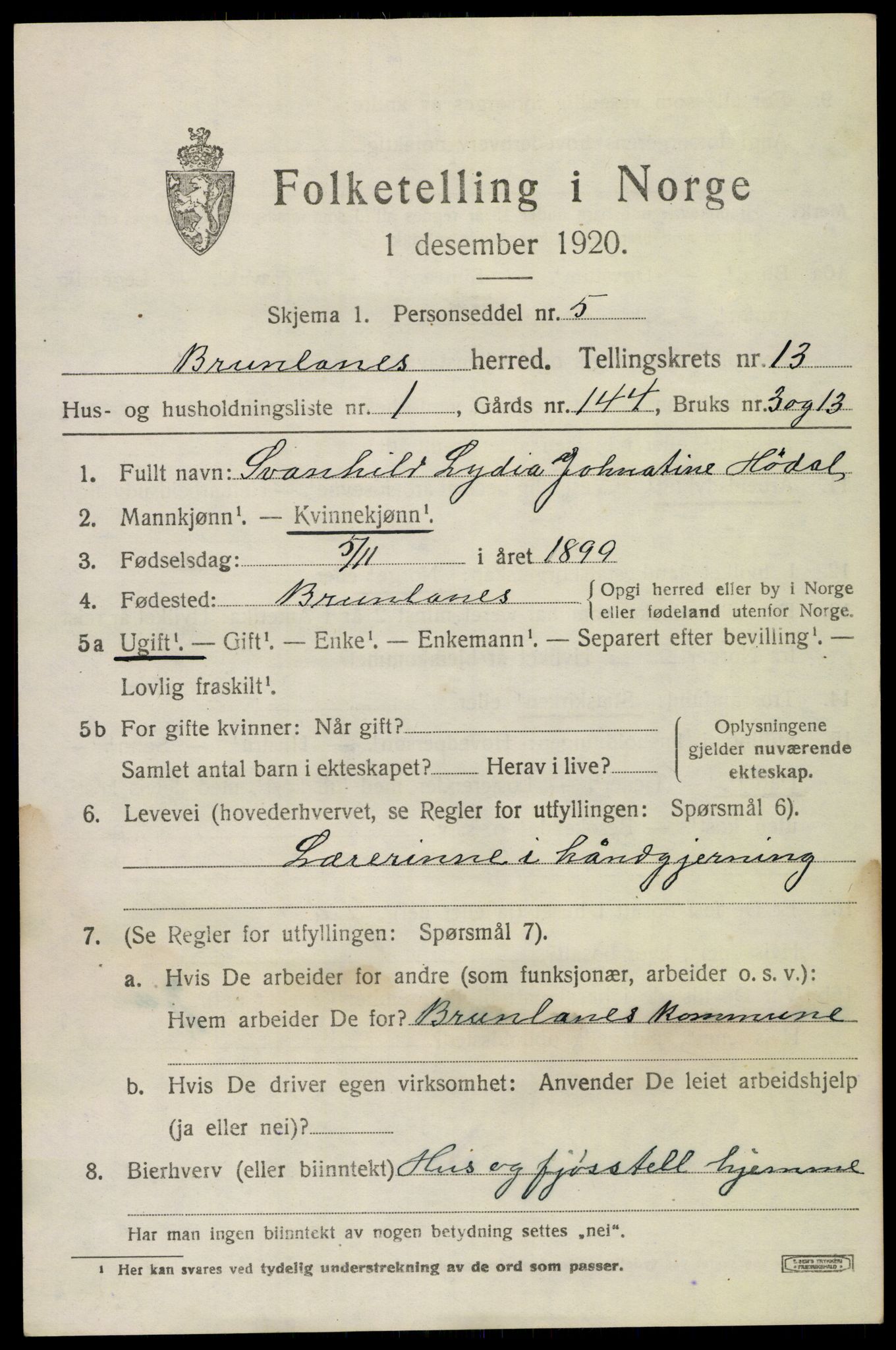 SAKO, 1920 census for Brunlanes, 1920, p. 10789