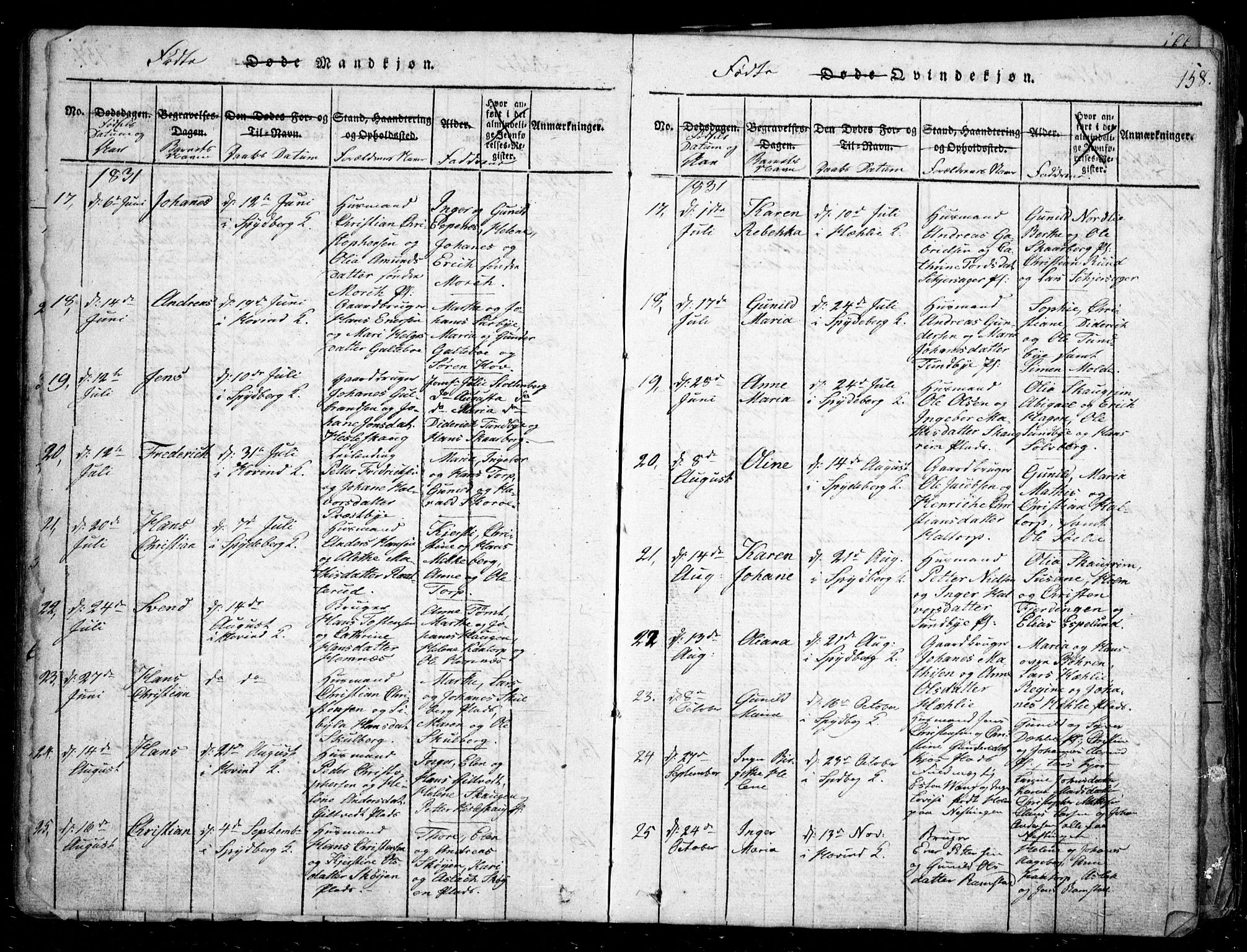 Spydeberg prestekontor Kirkebøker, AV/SAO-A-10924/G/Ga/L0001: Parish register (copy) no. I 1, 1814-1868, p. 158