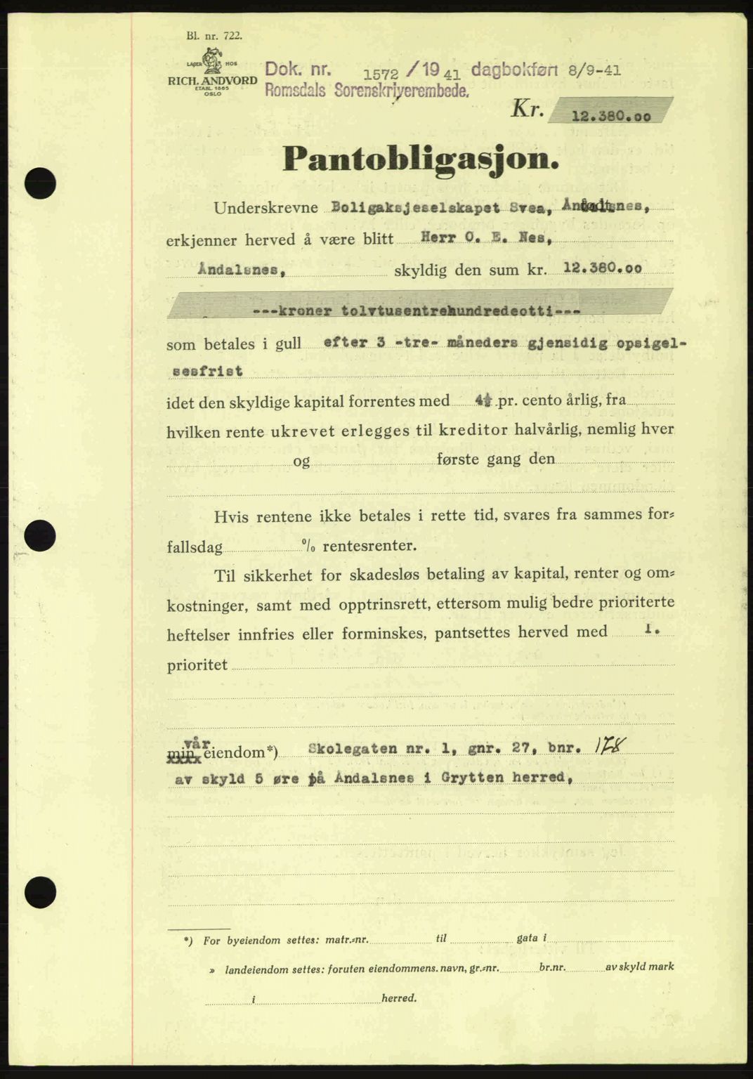 Romsdal sorenskriveri, AV/SAT-A-4149/1/2/2C: Mortgage book no. B2, 1939-1945, Diary no: : 1572/1941