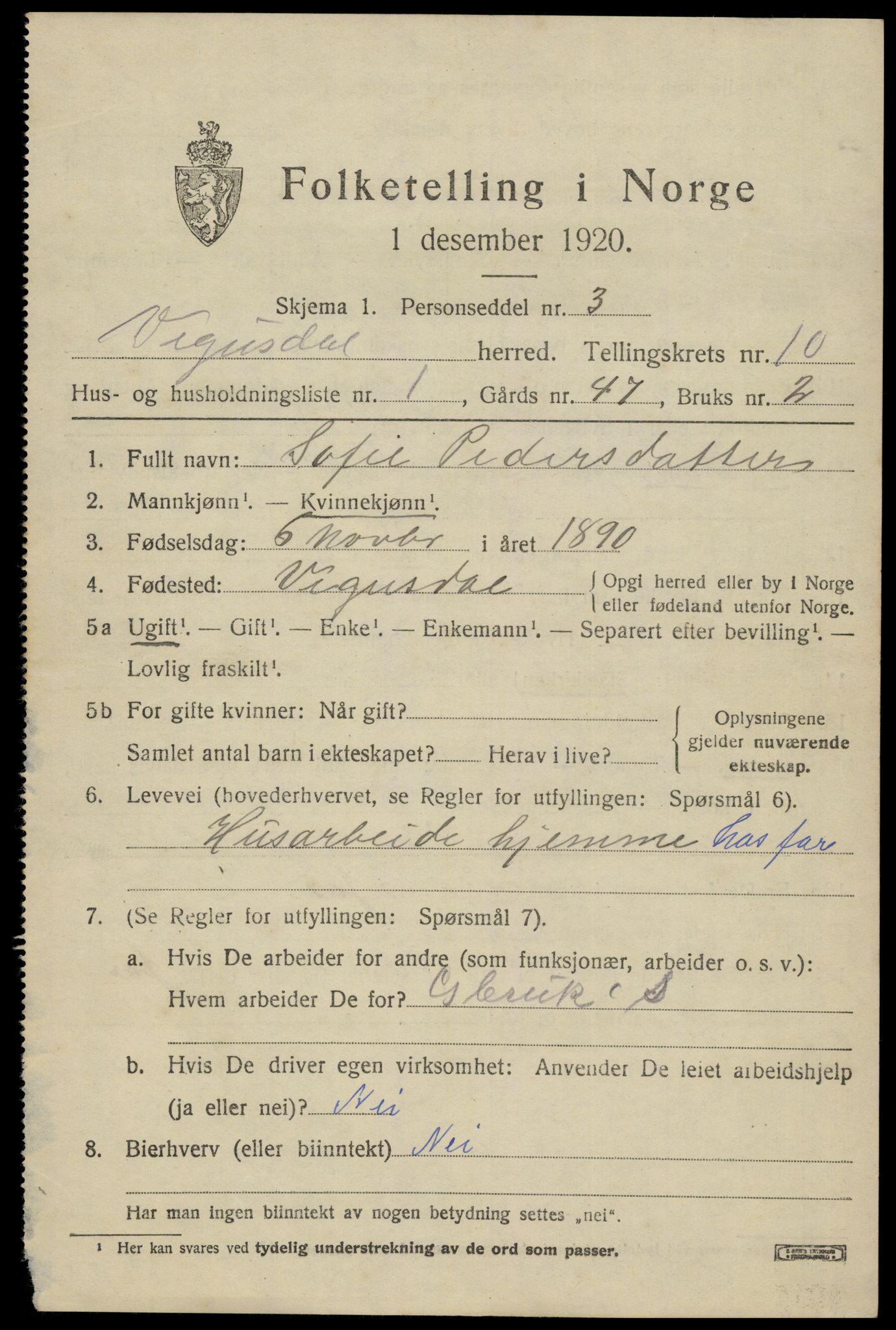 SAK, 1920 census for Vegusdal, 1920, p. 2067