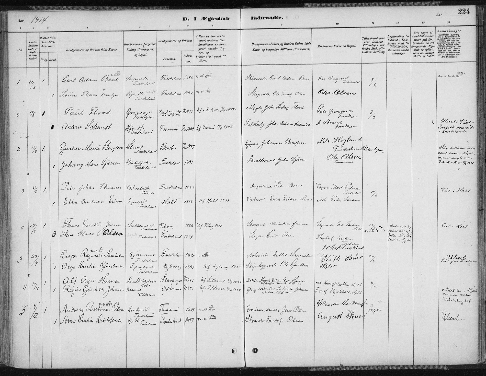 Tvedestrand sokneprestkontor, SAK/1111-0042/F/Fa/L0001: Parish register (official) no. A 1, 1885-1916, p. 224
