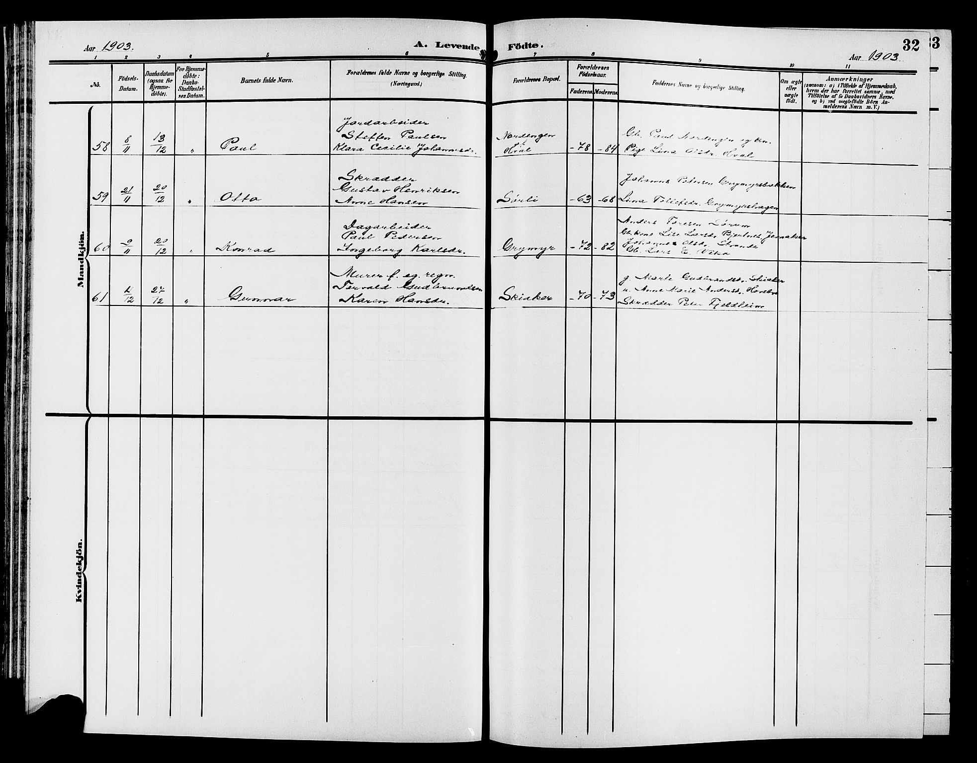 Gran prestekontor, SAH/PREST-112/H/Ha/Hab/L0006: Parish register (copy) no. 6, 1901-1911, p. 32