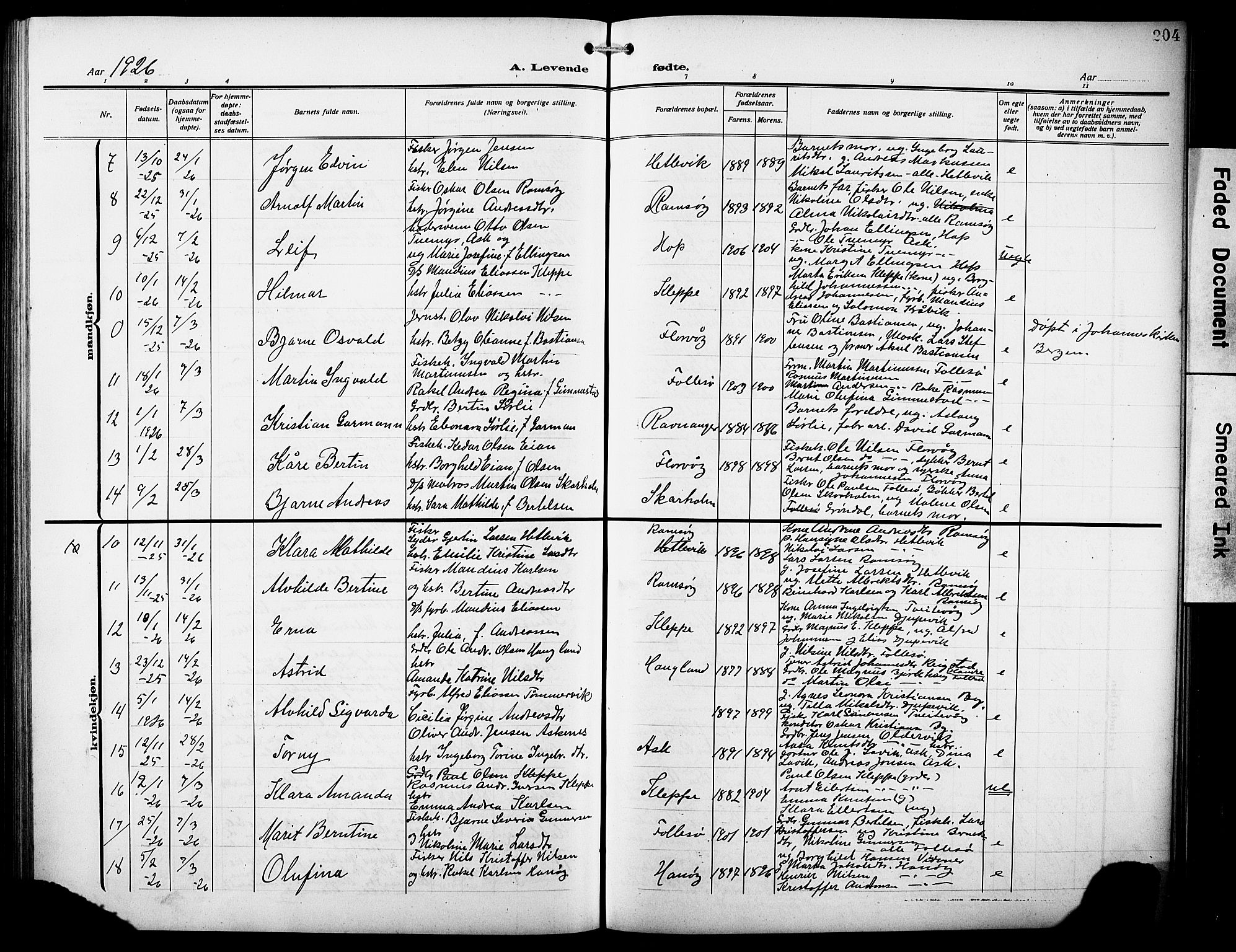 Askøy Sokneprestembete, AV/SAB-A-74101/H/Ha/Hab/Haba/L0011: Parish register (copy) no. A 11, 1908-1931, p. 204