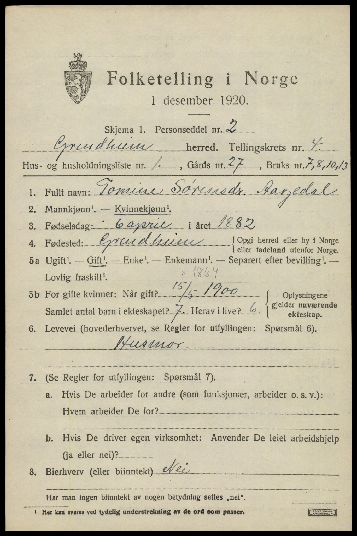 SAK, 1920 census for Grindheim, 1920, p. 1407