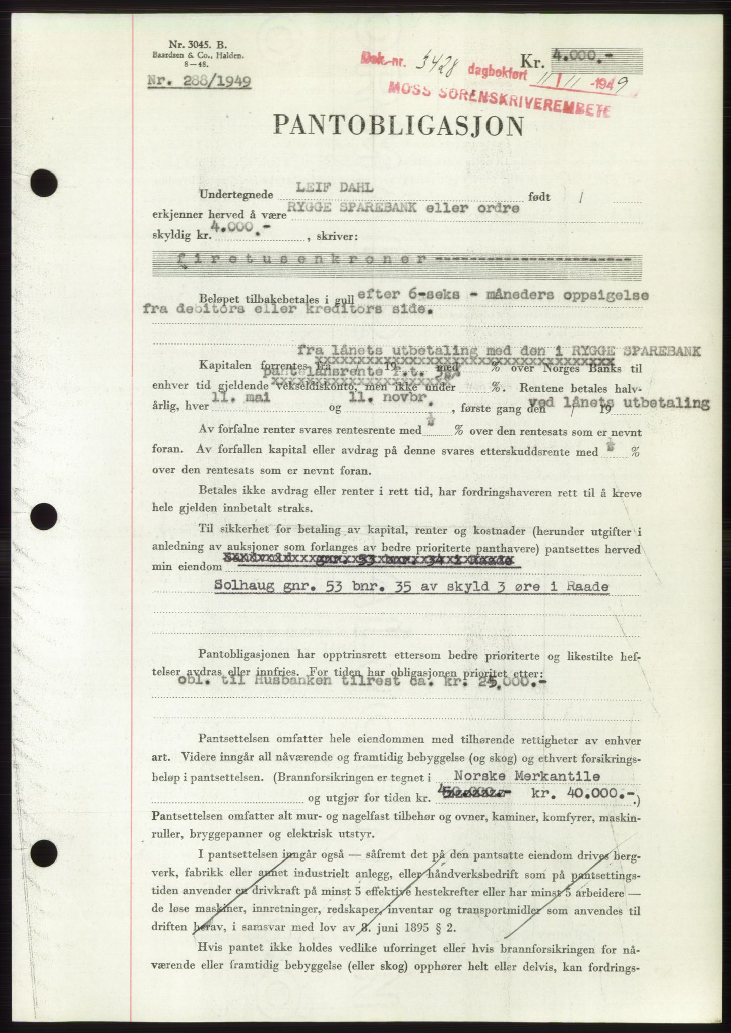 Moss sorenskriveri, SAO/A-10168: Mortgage book no. B23, 1949-1950, Diary no: : 3428/1949