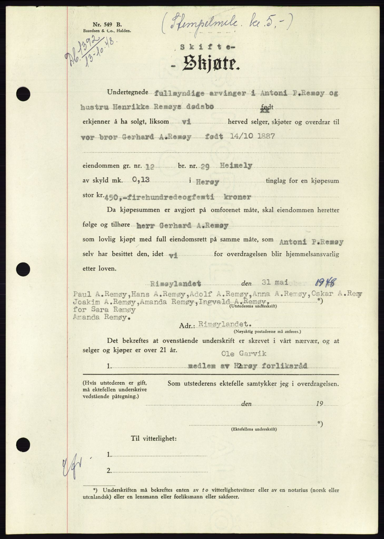 Søre Sunnmøre sorenskriveri, AV/SAT-A-4122/1/2/2C/L0083: Mortgage book no. 9A, 1948-1949, Diary no: : 1392/1948