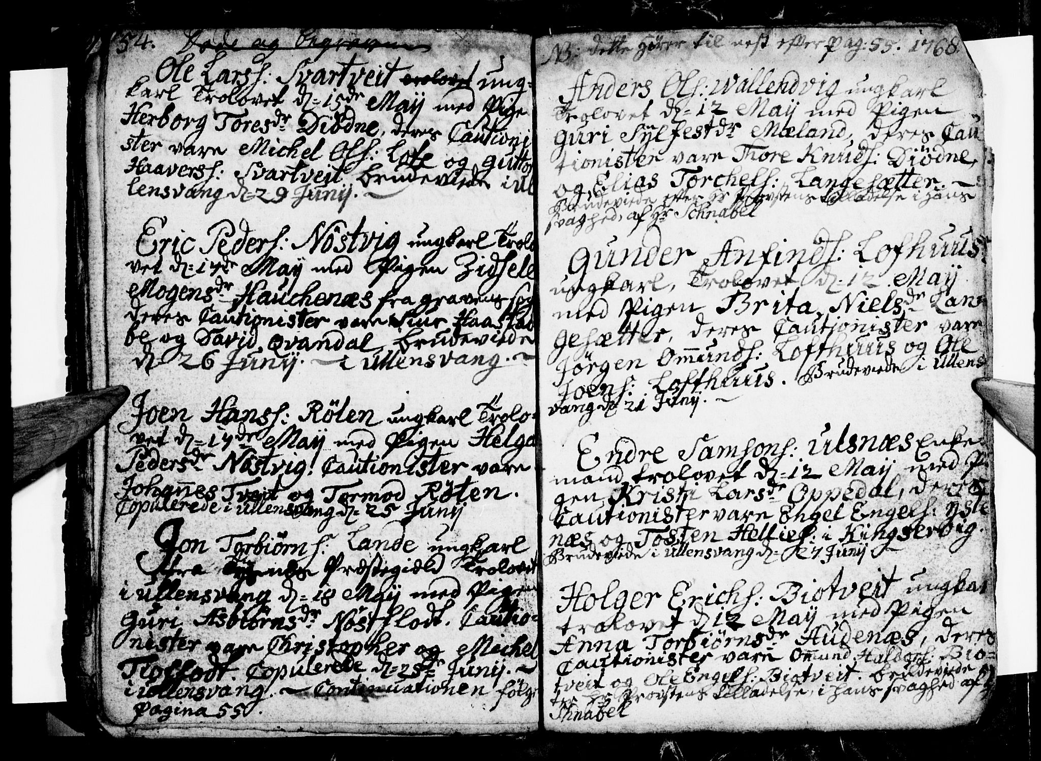 Ullensvang sokneprestembete, SAB/A-78701/H/Hab: Parish register (copy) no. E 1, 1766-1769, p. 54-55