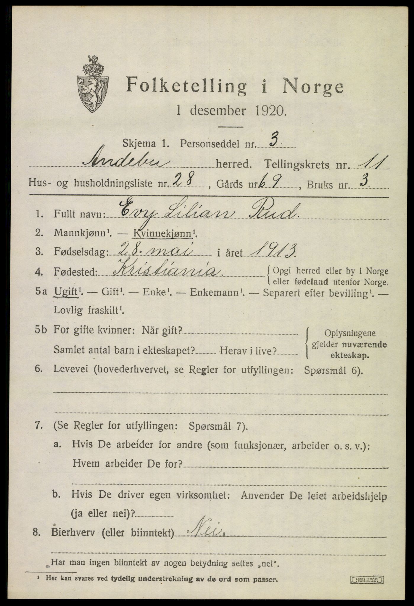 SAKO, 1920 census for Andebu, 1920, p. 4458