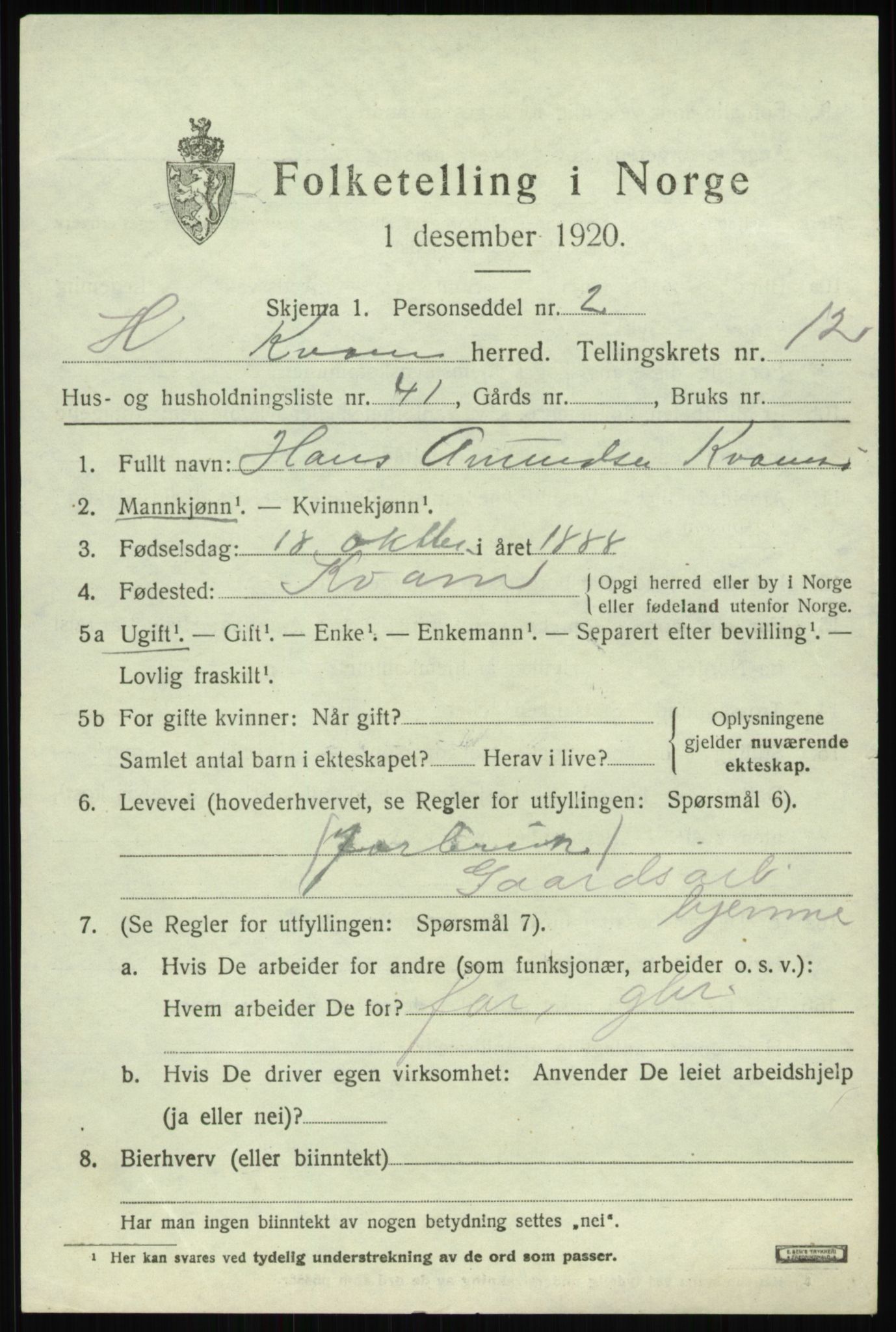 SAB, 1920 census for Kvam, 1920, p. 7967